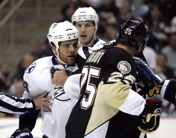 PITTSBURGH, PA - JANUARY 05:  Steve Downie #9 of the Tampa Bay Lightning gets in the face of Maxime Talbot #25 of the Pittsburgh Penguins on January 5, 2011 at Consol Energy Center in Pittsburgh, Pennsylvania.  (Photo by Justin K. Aller/Getty Images)