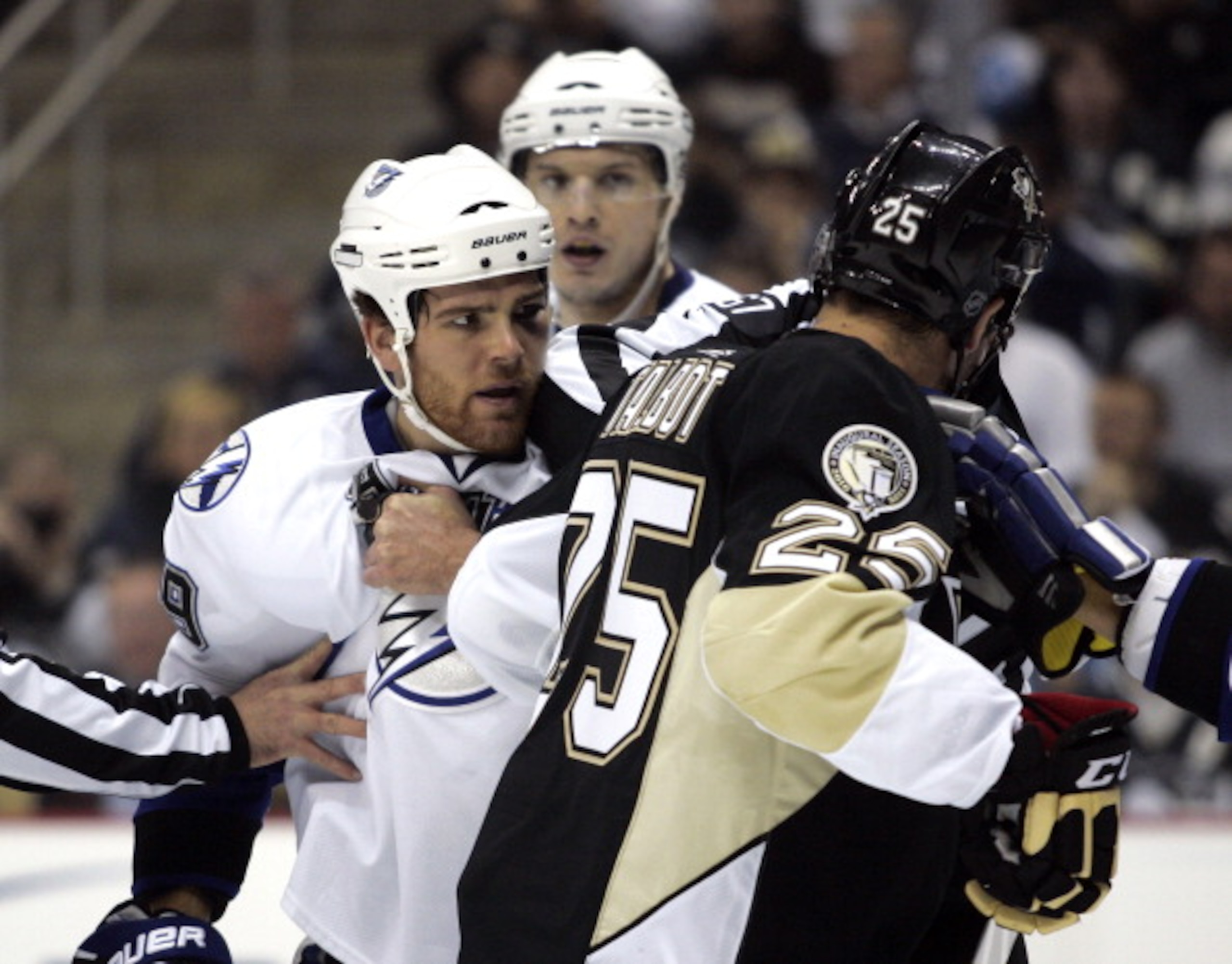 PITTSBURGH, PA - JANUARY 05: Steve Downie #9 of the Tampa Bay Lightning gets in the face of Maxime Talbot #25 of the Pittsburgh Penguins on January 5, 2011 at Consol Energy Center in Pittsburgh, Pennsylvania. (Photo by Justin K. Aller/Getty Images) PITTSBURGH, PA - JANUARY 05: Steve Downie #9 of the Tampa Bay Lightning gets in the face of Maxime Talbot #25 of the Pittsburgh Penguins on January 5, 2011 at Consol Energy Center in Pittsburgh, Pennsylvania. (Photo by Justin K. Aller/Getty Images)