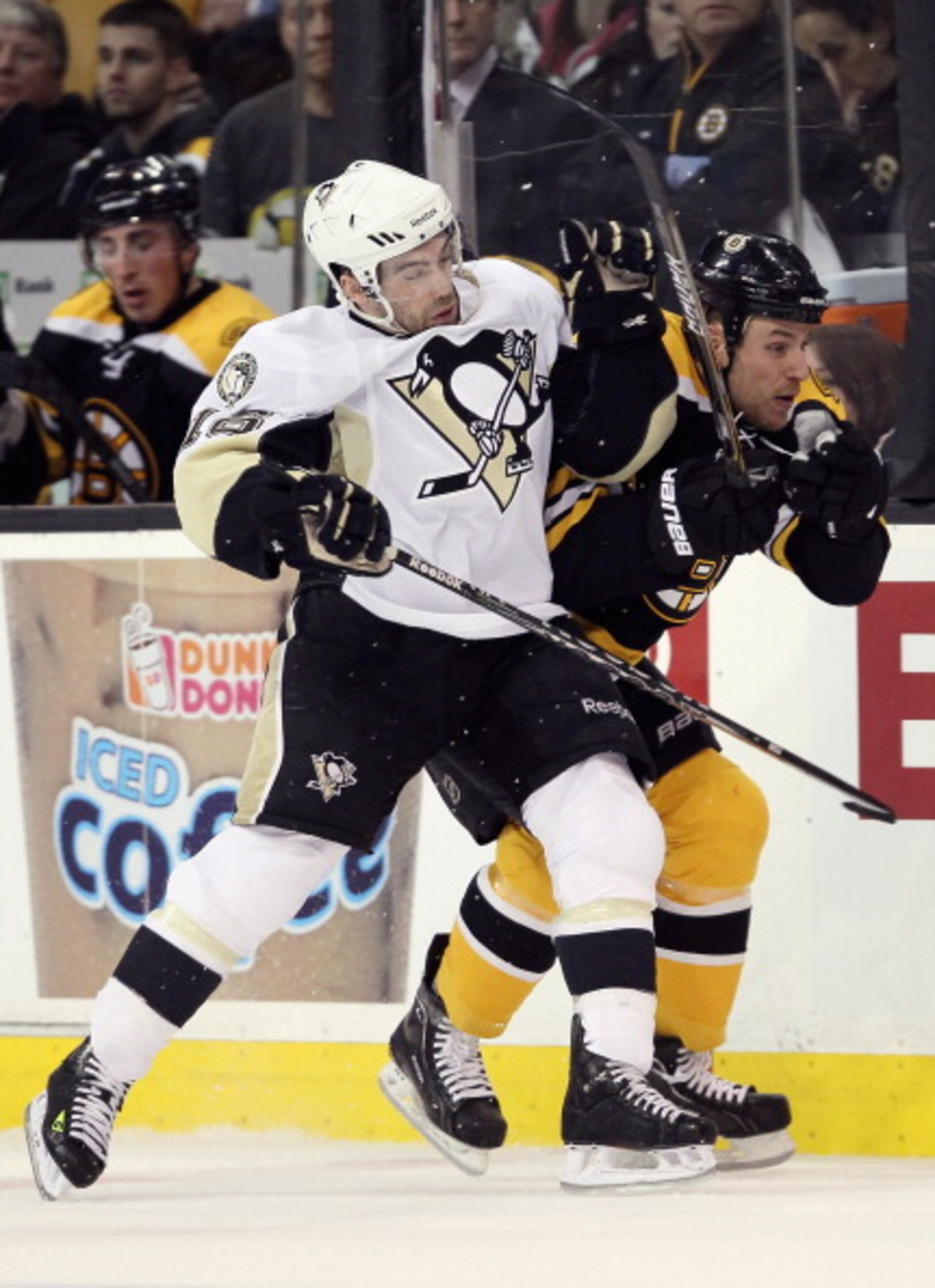 BOSTON, MA - MARCH 05: Chris Conner #16 of the Pittsburgh Penguins and Gregory Campbell #11 of the Boston Bruins collide in the second periodon March 5, 2011 at the TD Garden in Boston, Massachusetts. (Photo by Elsa/Getty Images) BOSTON, MA - MARCH 05: Chris Conner #16 of the Pittsburgh Penguins and Gregory Campbell #11 of the Boston Bruins collide in the second periodon March 5, 2011 at the TD Garden in Boston, Massachusetts. (Photo by Elsa/Getty Images)