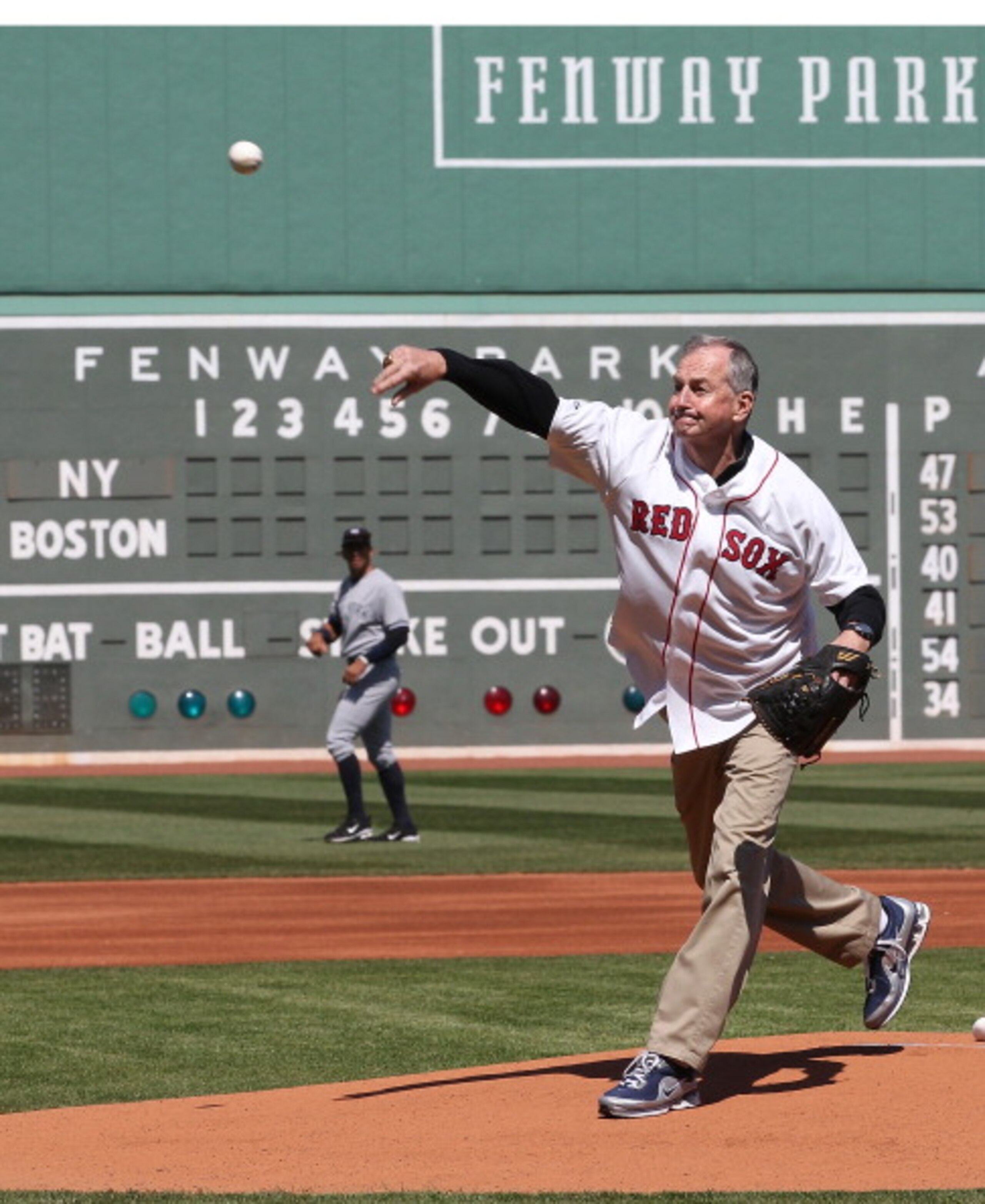 BOSTON, MA - APRIL 9: Jim Calhoun, coach of the NCAA champions University of Connecticut men's basketball team throws the ceremonial first pitch prior to a baseball game between the New York Yankees and the Boston Red Sox at Fenway Park April 9, 2011 in BOSTON, MA - APRIL 9: Jim Calhoun, coach of the NCAA champions University of Connecticut men's basketball team throws the ceremonial first pitch prior to a baseball game between the New York Yankees and the Boston Red Sox at Fenway Park April 9, 2011 in
