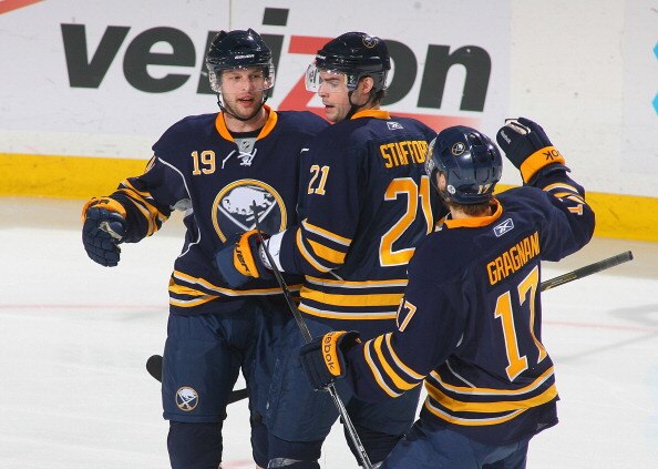 BUFFALO, NY - MARCH 30: Tim Connolly #19, Drew Stafford #21 and Marc-Andre Gragnani #17 of the Buffalo Sabres celebrate Connolly's goal in the second period against the New York Rangers at HSBC Arena on March 30, 2011 in Buffalo, New York.  (Photo by Rick