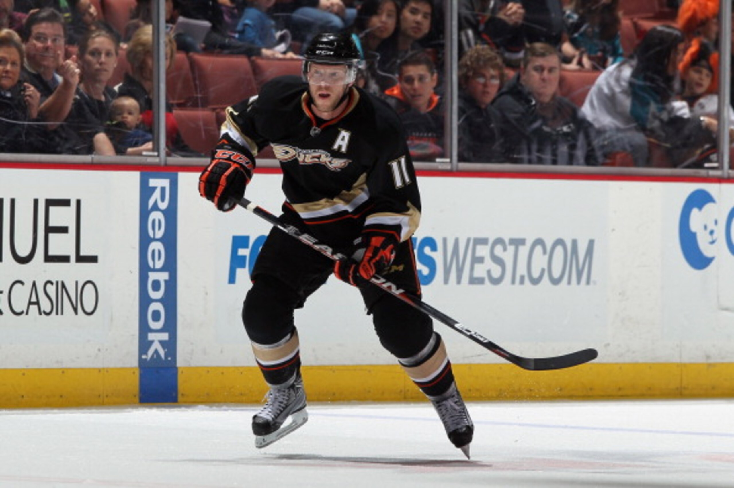 ANAHEIM, CA - APRIL 06:  Saku Koivu #11 of the Anaheim Ducks skates against the San Jose Sharks at Honda Center on April 6, 2011 in Anaheim, California.  (Photo by Jeff Gross/Getty Images)
