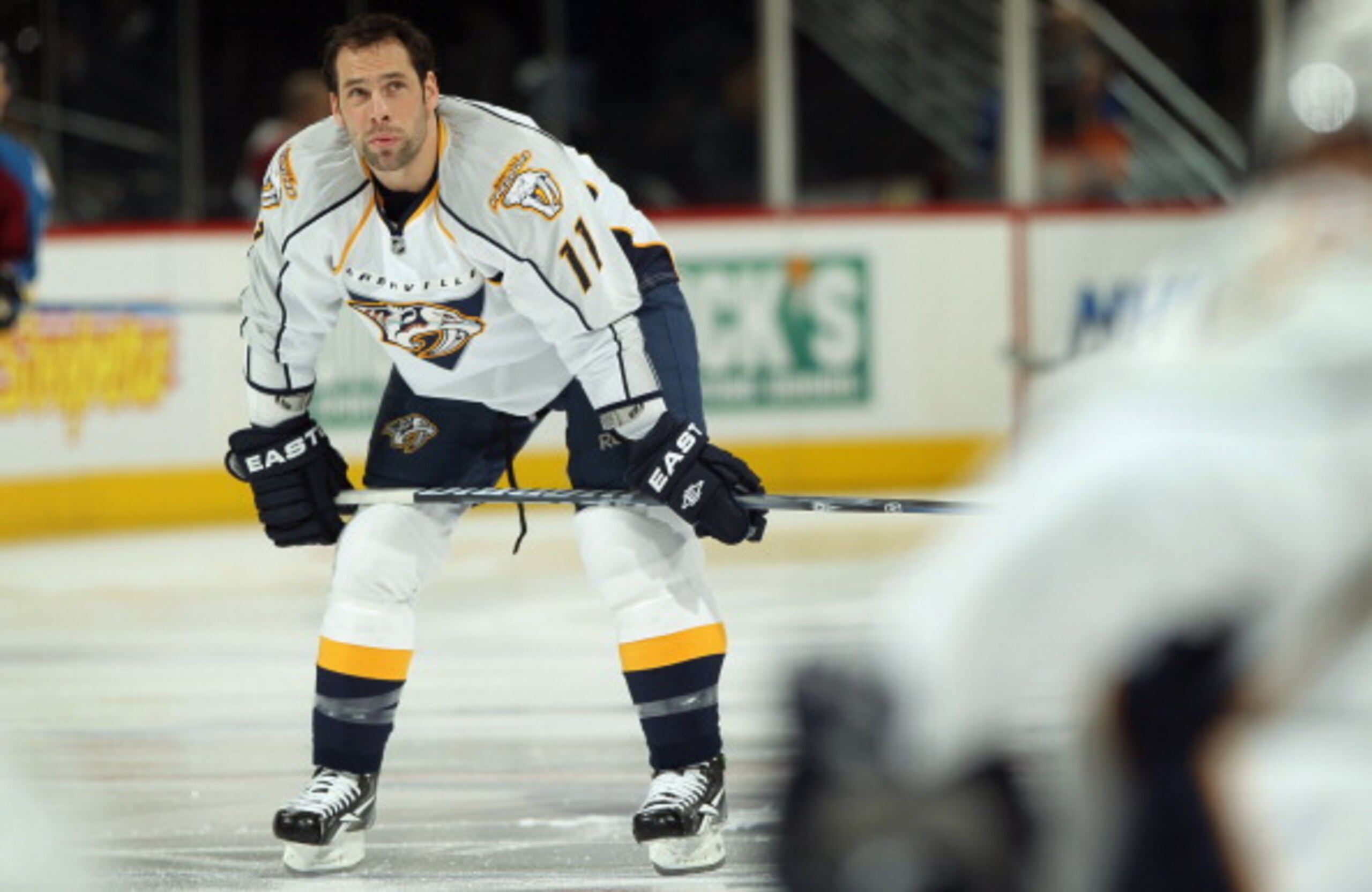 DENVER, CO - MARCH 31:  David Legwand #11 of the Nashville Predators warms up prior to facing the Colorado Avalanche at the Pepsi Center on March 31, 2011 in Denver, Colorado. Rinne had 27 saves as the Nashville Predators defeated the Colorado Avalanche 3