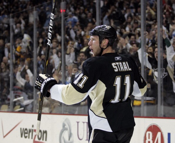 PITTSBURGH, PA - APRIL 05:  Jordan Staal #11 of the Pittsburgh Penguins celebrates his first period power play goal against the New Jersey Devils at Consol Energy Center on April 5, 2011 in Pittsburgh, Pennsylvania.  (Photo by Justin K. Aller/Getty Images