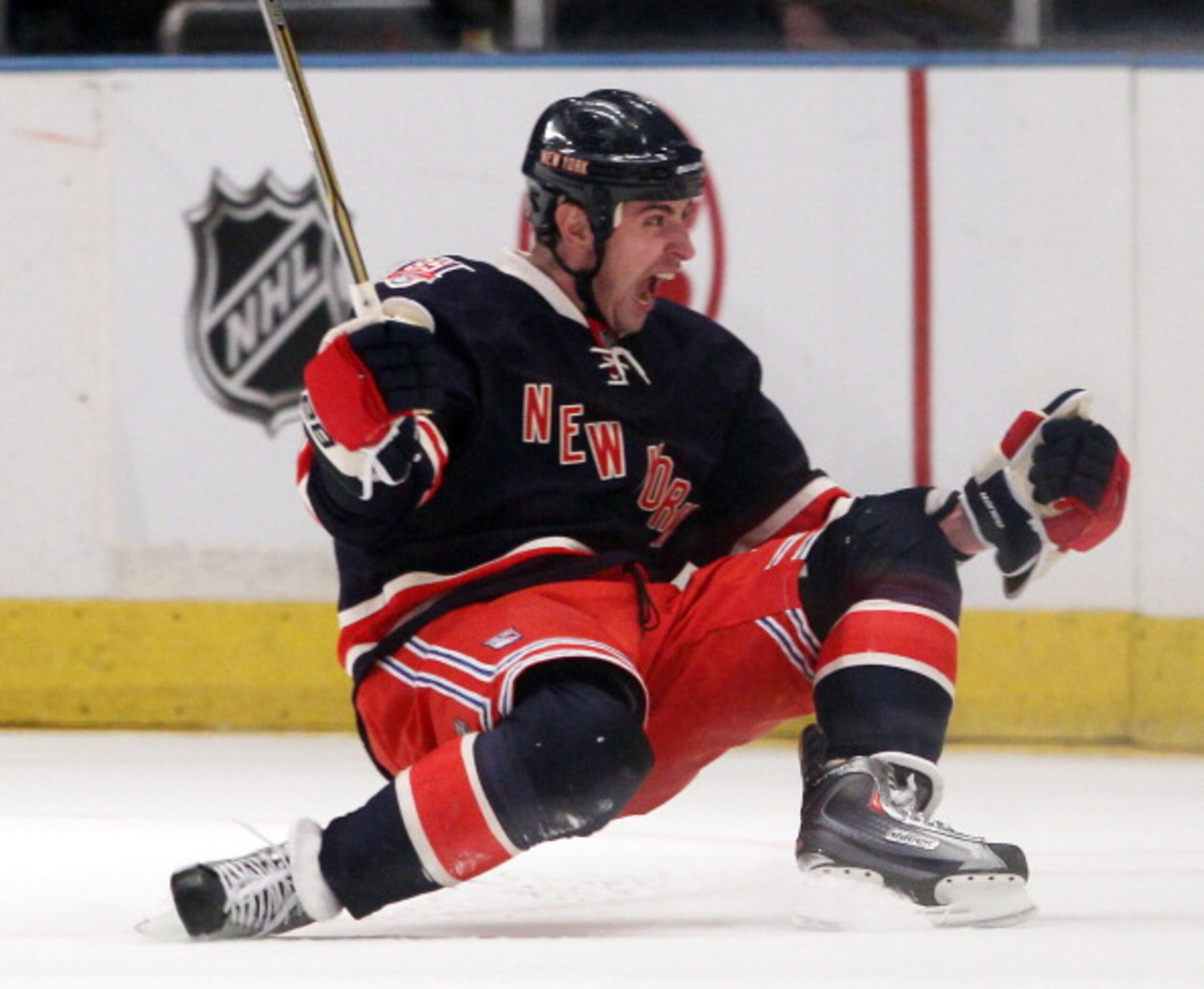 NEW YORK, NY - APRIL 04:  Brandon Dubinsky #17 of the New York Rangers ties the score at 3-3 at 16:12 of the third period against the Boston Bruins at Madison Square Garden on April 4, 2011 in New York City. The New York Rangers defeated the Boston Bruins