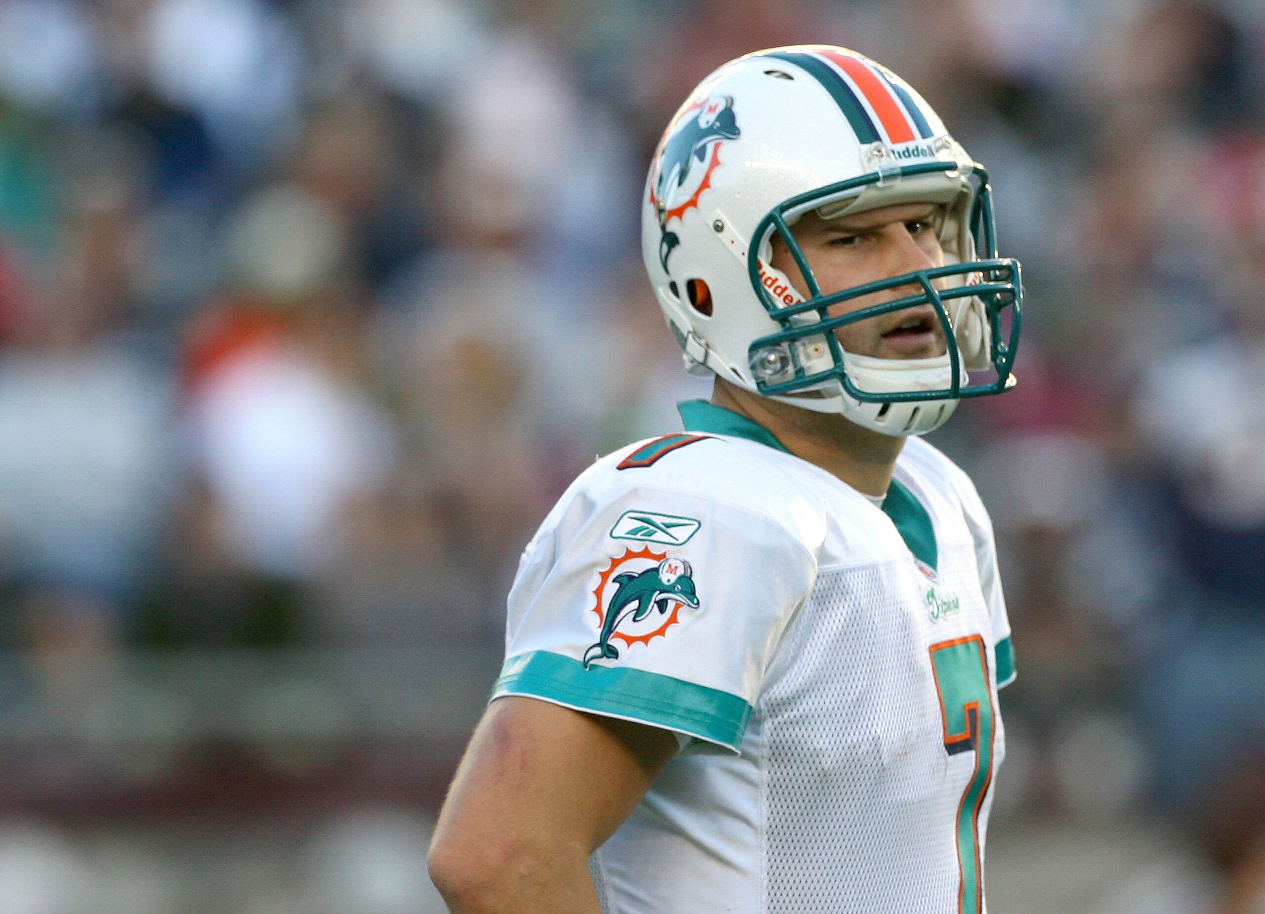 FOXBORO, MA - NOVEMBER 8:  Chad Henne #7 of the Miami Dolphons reacts against the New England Patriots at Gillette Stadium on November 8, 2009 in Foxboro, Massachusetts. (Photo by Jim Rogash/Getty Images)