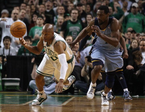 BOSTON, MA - MARCH 23:  Ray Allen #20 of the Boston Celtics steals the ball from Tony Allen #9 of the Memphis Grizzlies on March 23, 2011 at the TD Garden in Boston, Massachusetts.  The Memphis Grizzlies defeated the Boston Celtics 90-87. NOTE TO USER: Us