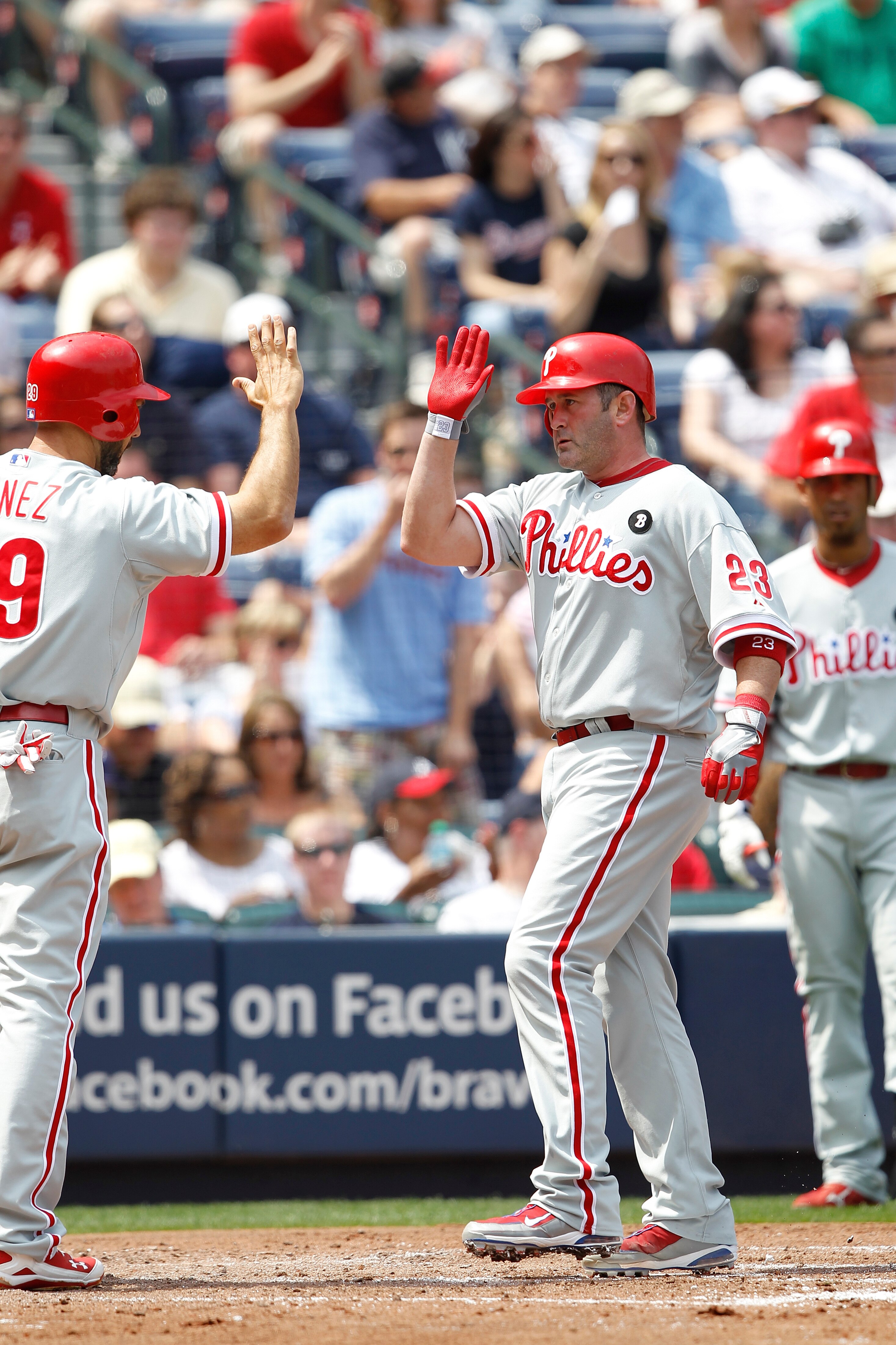 ATLANTA, GA - APRIL 9: Brian Schneider #23 of the Philadelphia Phillies crosses the plate after hitting a two-run home run in the 4th inning against the Atlanta Braves at Turner Field on April 9, 2011 in Atlanta, Georgia. The Phillies won 10-2. (Photo by