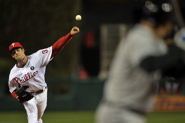 PHILADELPHIA, PA - APRIL 05: Starting pitcher Cole Hamels #35 of the Philadelphia Phillies pitches to Scott Hairston #12 of the New York Mets at Citizens Bank on April 5, 2011 Park in Philadelphia, Pennsylvania. (Photo by Drew Hallowell/Getty Images)