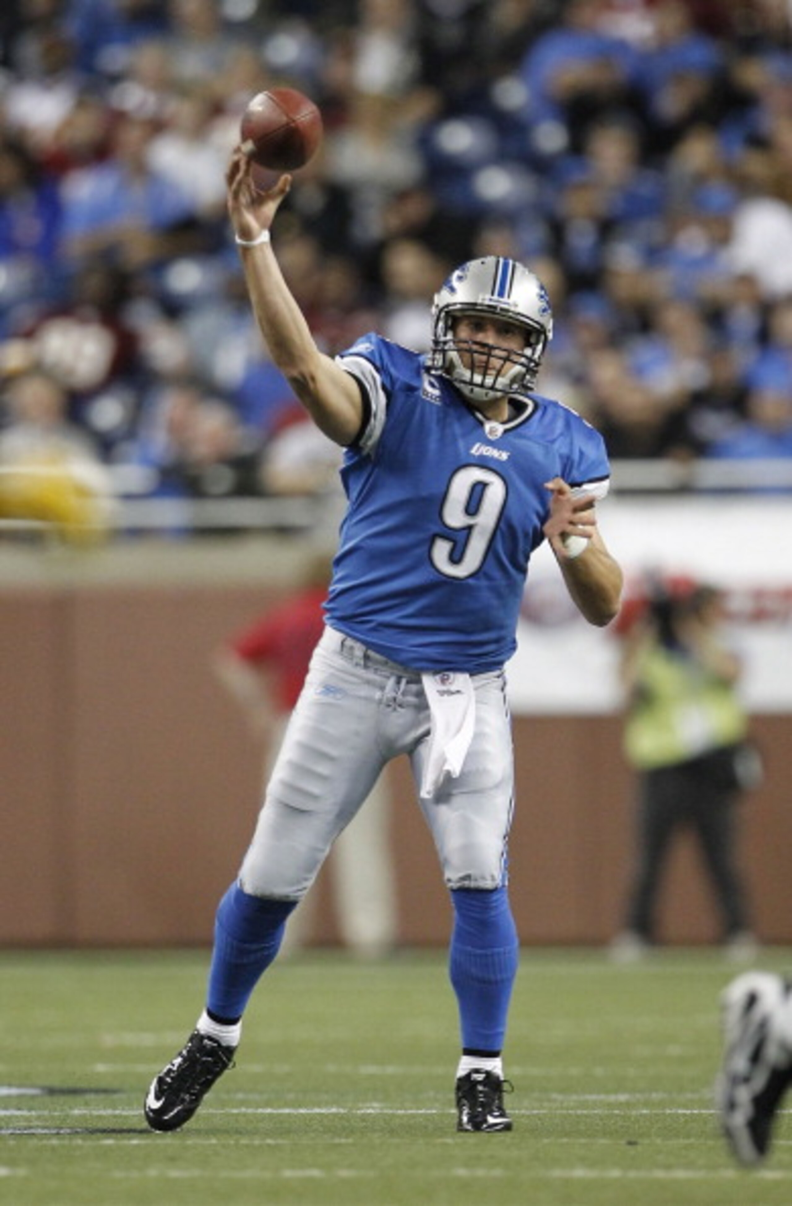 DETROIT - OCTOBER 31: Matthew Stafford #9 of the Detroit Lions drops back to pass during the fourth quarter of the game against the Washington Redskins at Ford Field on October 31, 2010 in Detroit, Michigan. The Lions defeated the Redskins 37-25.  (Photo