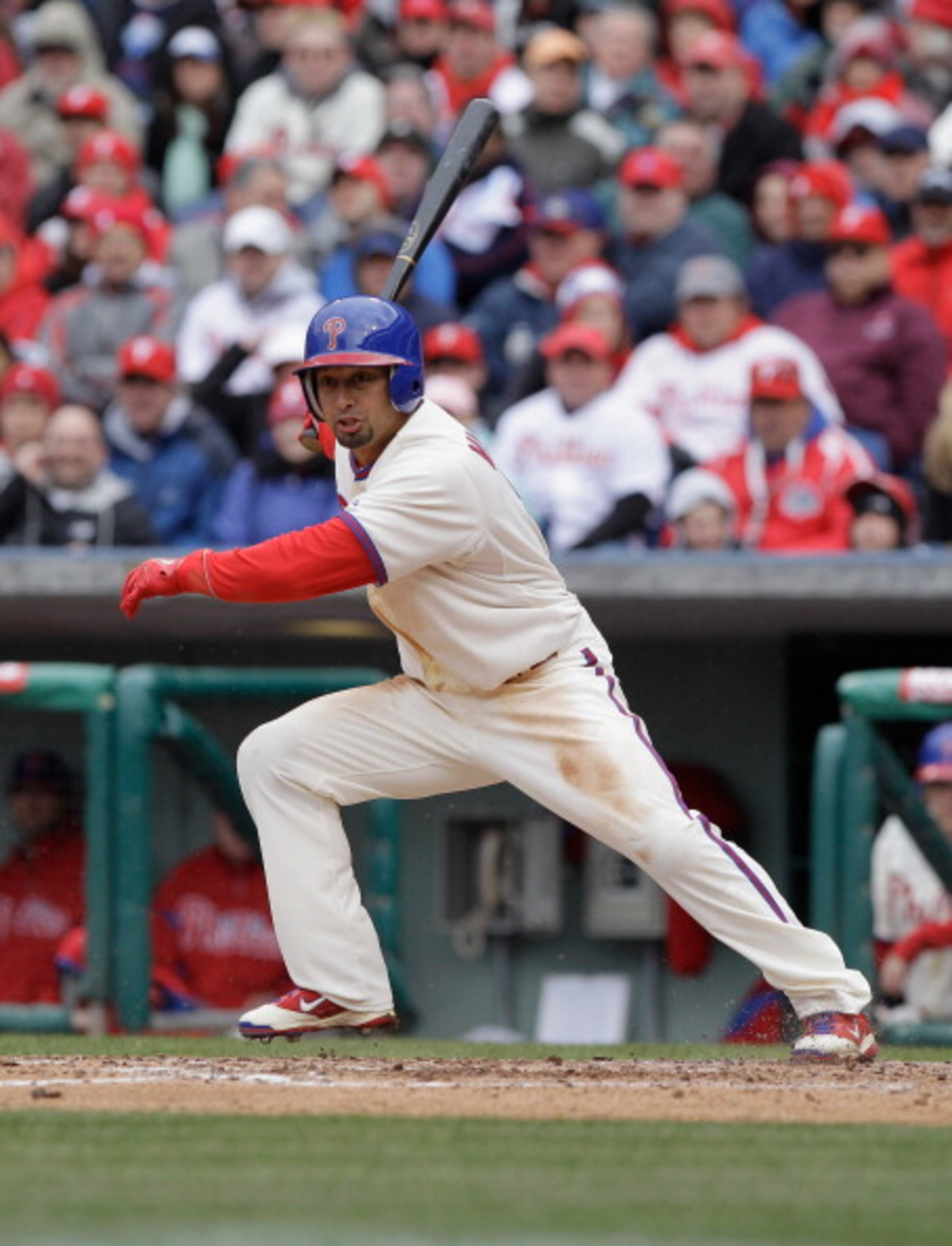 PHILADELPHIA, PA - APRIL 01: Shane Victorino #8 of the Philadelphia Phillies at bat against the Houston Astros during opening day at Citizens Bank Park on April 1, 2011 in Philadelphia, Pennsylvania.  (Photo by Rob Carr/Getty Images)