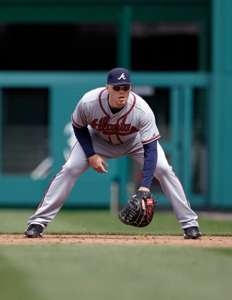 WASHINGTON, DC - APRIL 03: First baseman Freddie Freeman #5 of the Atlanta Braves against the Washington Nationals at Nationals Park on April 3, 2011 in Washington, DC.  (Photo by Rob Carr/Getty Images)