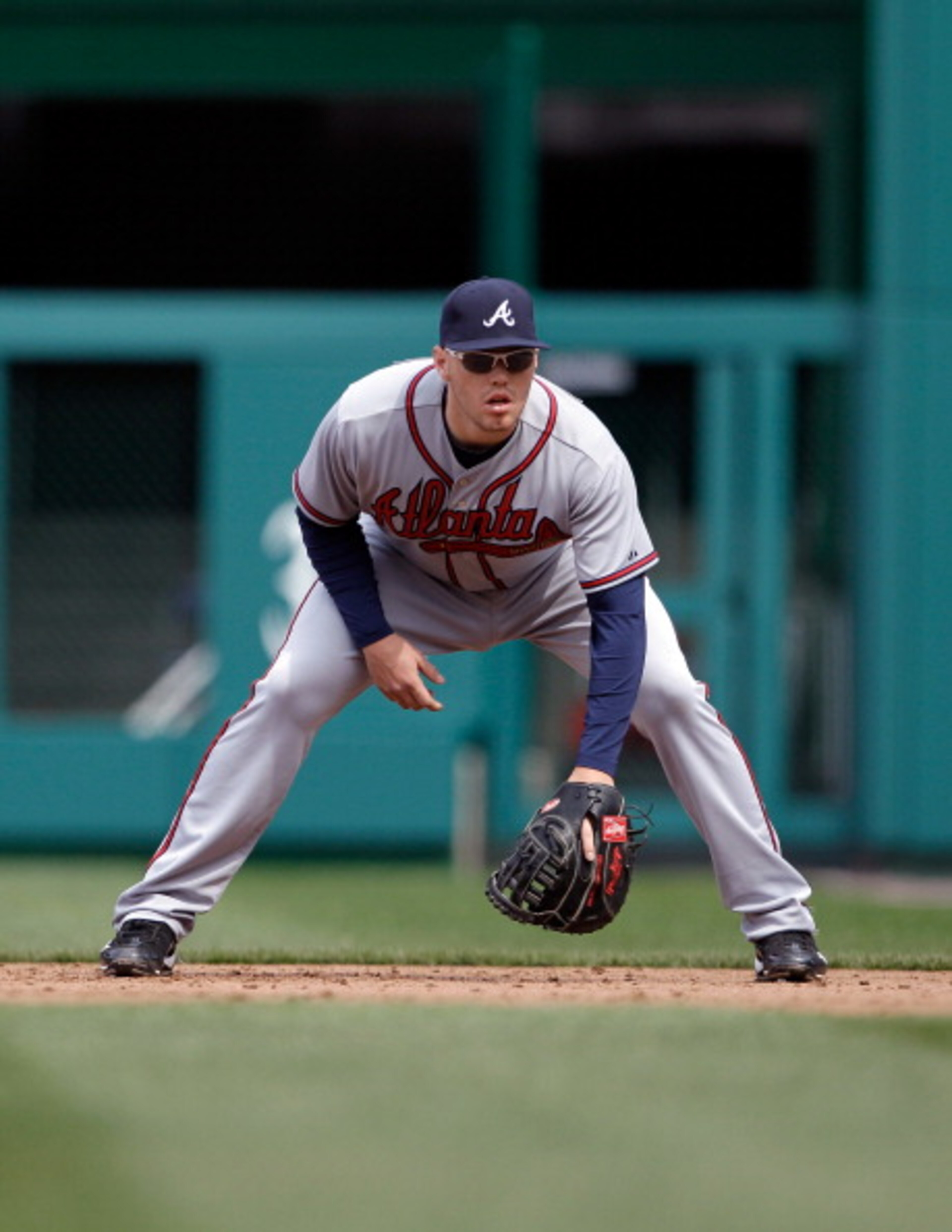 WASHINGTON, DC - APRIL 03: First baseman Freddie Freeman #5 of the Atlanta Braves against the Washington Nationals at Nationals Park on April 3, 2011 in Washington, DC.  (Photo by Rob Carr/Getty Images)