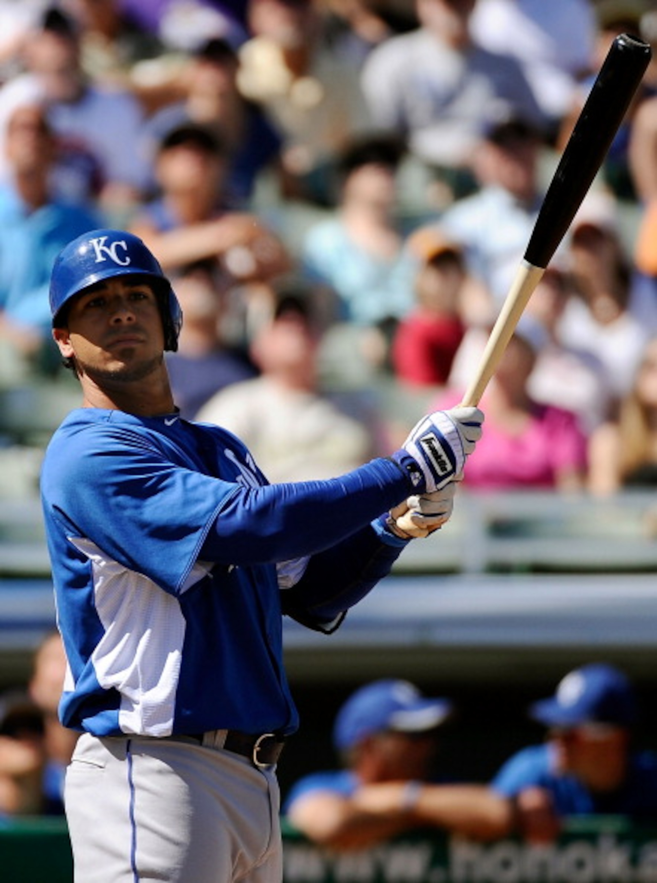 MESA, AZ - MARCH 09:  Mike Aviles #13 of the Kansas City Royals at bat against the Chicago Cubs during the spring training baseball game at HoHoKam Stadium on March 9, 2011 in Mesa, Arizona.  (Photo by Kevork Djansezian/Getty Images)