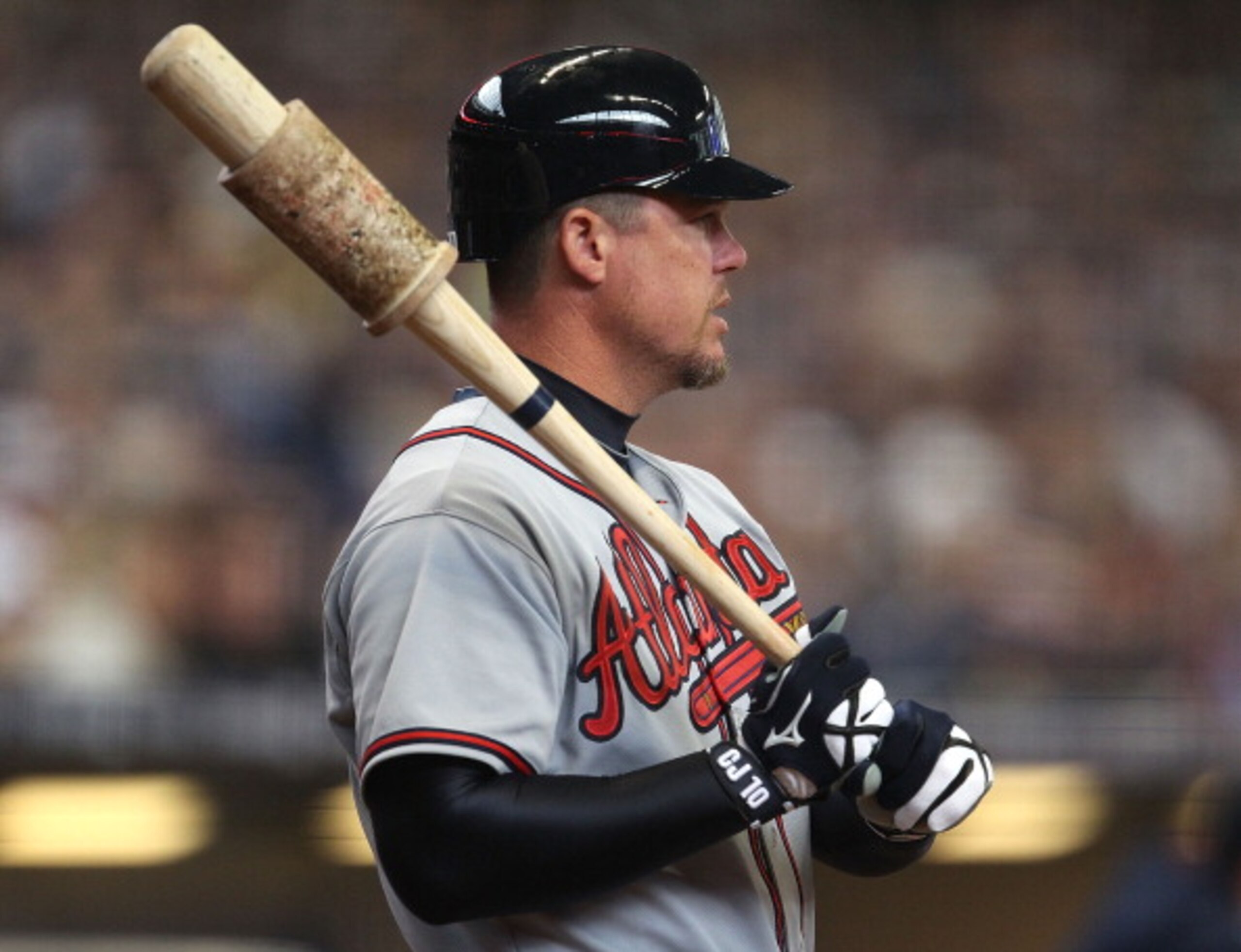 MILWAUKEE, WI - APRIL 04: Chipper Jones #10 of the Atlanta Braves waits to bat against the Milwaukee Brewers during the home opener at Miller Park on April 4, 2011 in Milwaukee, Wisconsin. (Photo by Jonathan Daniel/Getty Images) MILWAUKEE, WI - APRIL 04: Chipper Jones #10 of the Atlanta Braves waits to bat against the Milwaukee Brewers during the home opener at Miller Park on April 4, 2011 in Milwaukee, Wisconsin. (Photo by Jonathan Daniel/Getty Images)