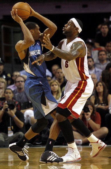 MIAMI - NOVEMBER 02:  Forward LeBron James #6 of the Miami Heat defends against forward Anthony Tolliver #44 of the Minnesota Wolves at American Airlines Arena on November 2, 2010 in Miami, Florida. NOTE TO USER: User expressly acknowledges and agrees tha