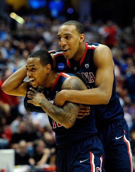 ANAHEIM, CA - MARCH 24:  Lamont Jones #12 and Derrick Williams #23 of the Arizona Wildcats reacts after a play against the Duke Blue Devils during the west regional semifinal of the 2011 NCAA men's basketball tournament at the Honda Center on March 24, 20