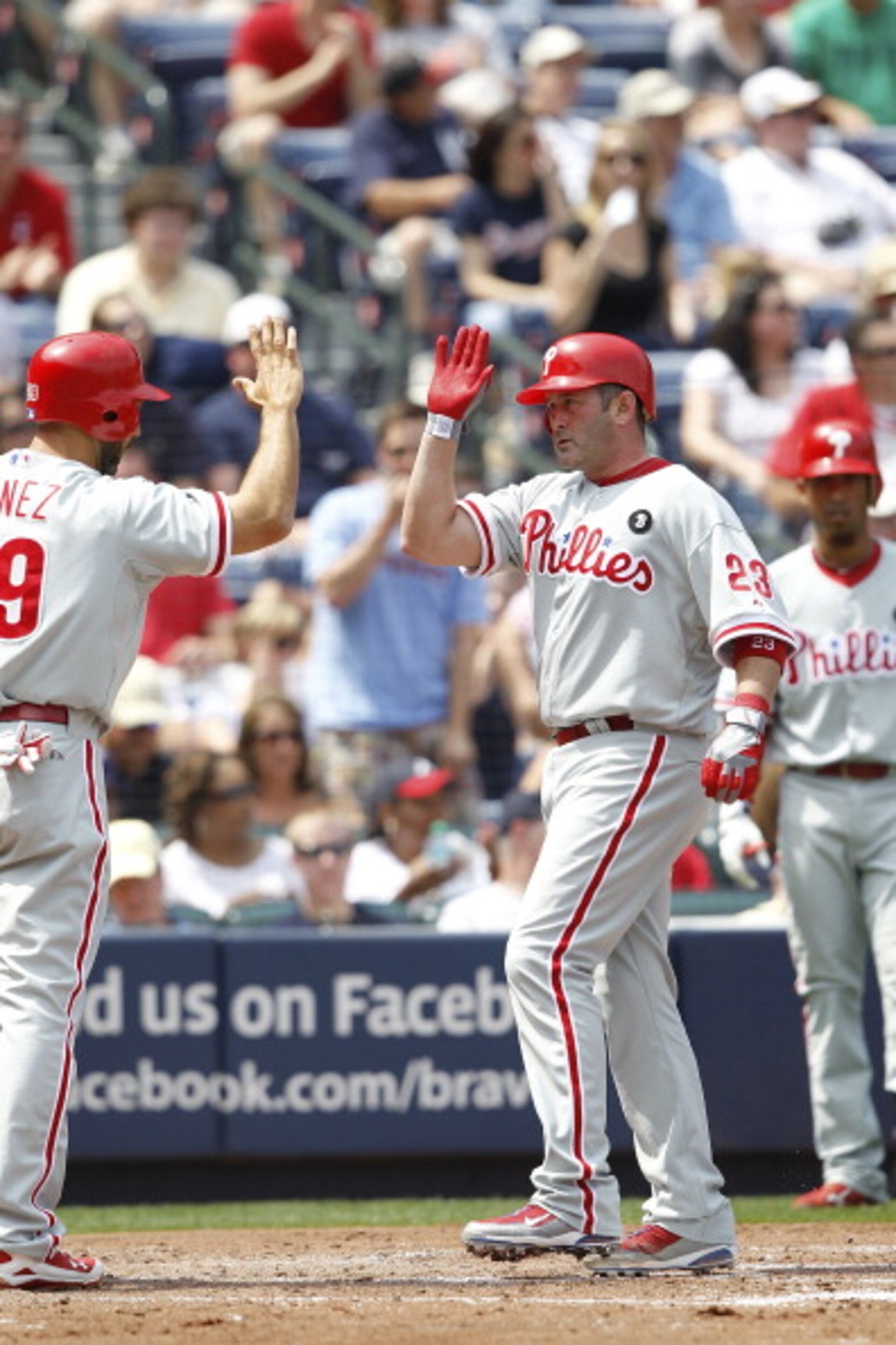 ATLANTA, GA - APRIL 9: Brian Schneider #23 of the Philadelphia Phillies crosses the plate after hitting a two-run home run in the 4th inning against the Atlanta Braves at Turner Field on April 9, 2011 in Atlanta, Georgia. The Phillies won 10-2. (Photo by ATLANTA, GA - APRIL 9: Brian Schneider #23 of the Philadelphia Phillies crosses the plate after hitting a two-run home run in the 4th inning against the Atlanta Braves at Turner Field on April 9, 2011 in Atlanta, Georgia. The Phillies won 10-2. (Photo by