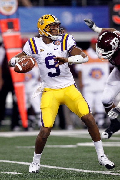 ARLINGTON, TX - JANUARY 07:  Jordan Jefferson #9 of the Louisiana State University Tigers looks to throw a pass during the game against the Texas A&M Aggies during the AT&T Cotton Bowl at Cowboys Stadium on January 7, 2011 in Arlington, Texas.  (Photo by