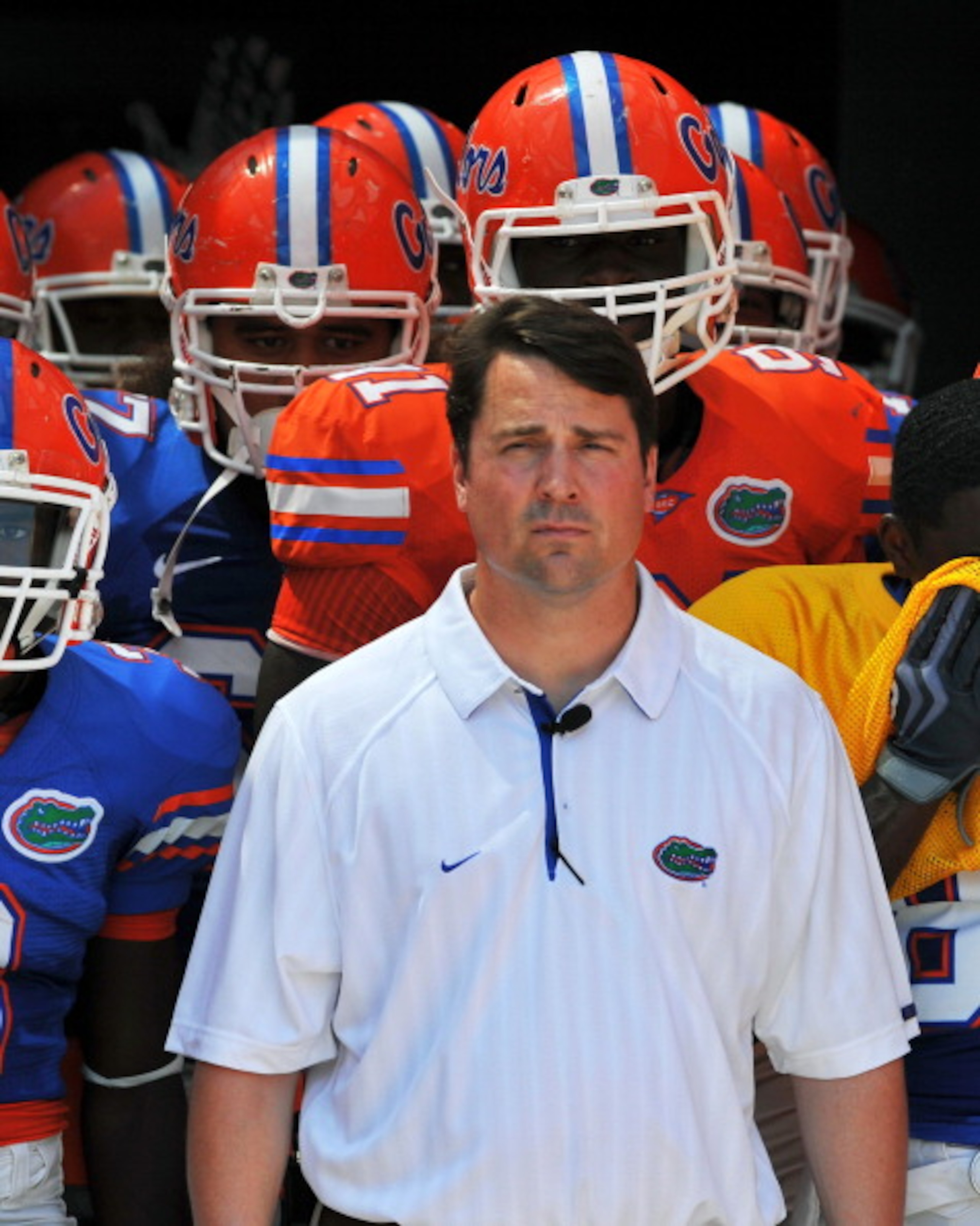 GAINESVILLE, FL - APRIL 9:  Coach Will Muschamp of the Florida Gators takes the field before the Orange and Blue spring football game April 9, 2010 Ben Hill Griffin Stadium in Gainesville, Florida.  (Photo by Al Messerschmidt/Getty Images)
