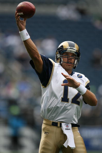 SEATTLE - SEPTEMBER 21:  Trent Green #12 of the St. Louis Rams warms up before the game against the Seattle Seahawks on September 21, 2008 at Qwest Field in Seattle, Washington. (Photo by Otto Greule Jr/Getty Images)