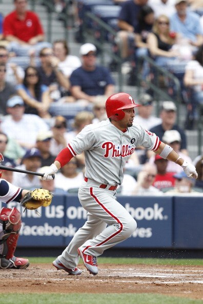 ATLANTA, GA - APRIL 9: Shane Victorino #8 of the Philadelphia Phillies follows through on one of his four hits against the Atlanta Braves at Turner Field on April 9, 2011 in Atlanta, Georgia. The Phillies won 10-2. (Photo by Joe Robbins/Getty Images)