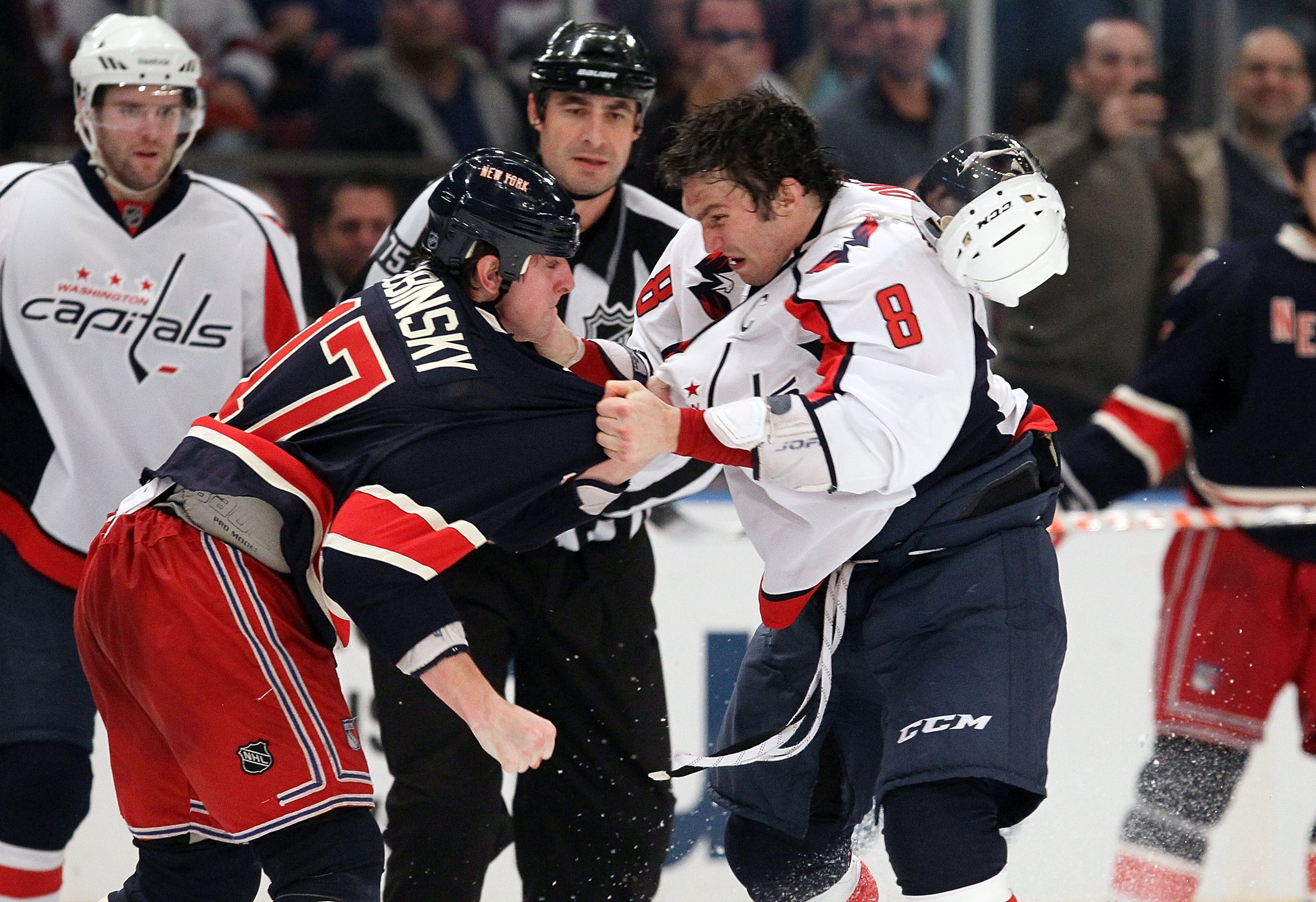 NEW YORK, NY - DECEMBER 12:  Alex Ovechkin #8 of the Washington Capitals trades punches during the second period against Brandon Dubinsky #17 of the New York Rangers on December 12, 2010 at Madison Square Garden in New York City.  (Photo by Jim McIsaac/Ge