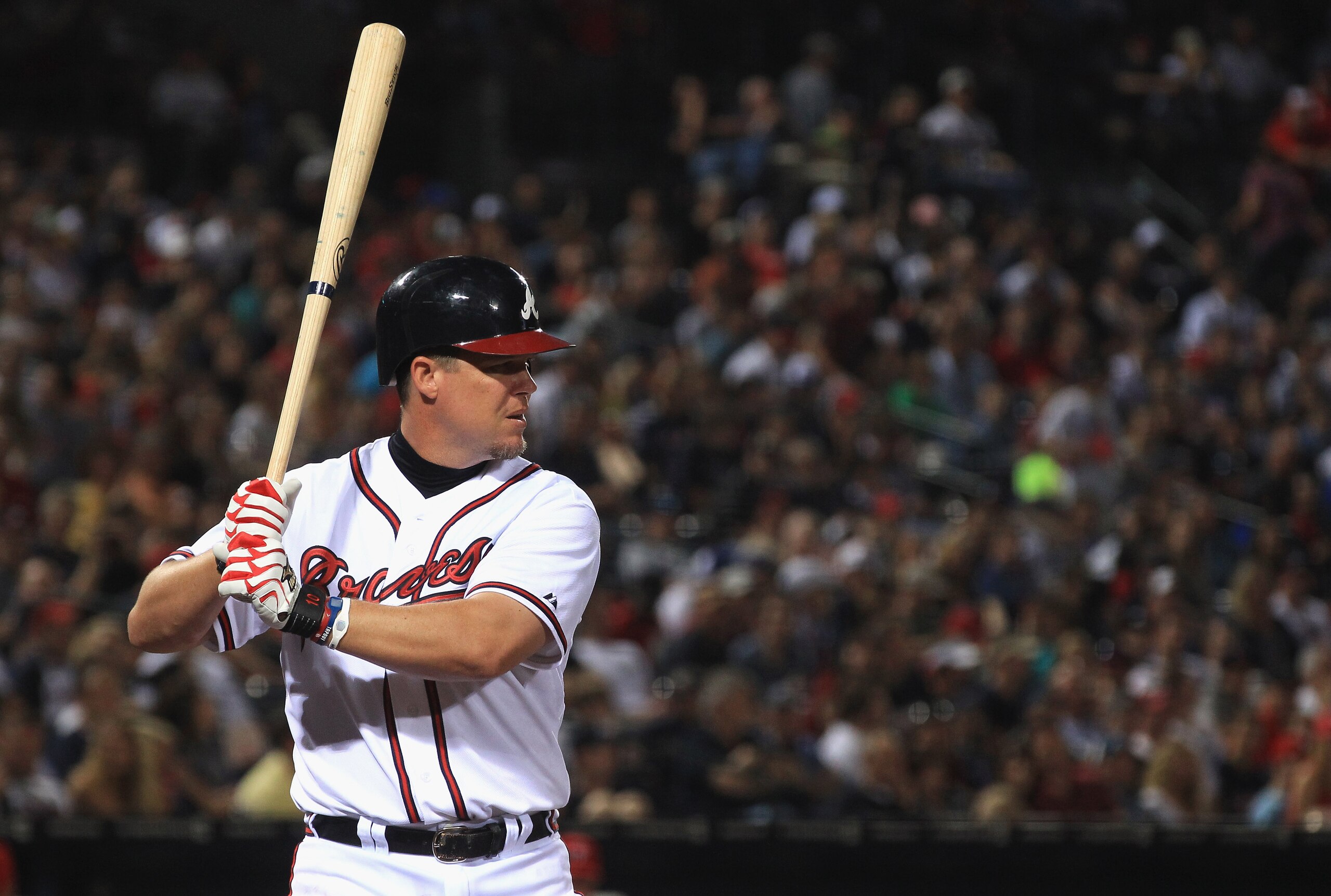 ATLANTA, GA - APRIL 08: Chipper Jones #10 of the Atlanta Braves at bat against the Philadelphia Phillies during their opening day game at Turner Field on April 8, 2011 in Atlanta, Georgia. (Photo by Streeter Lecka/Getty Images) ATLANTA, GA - APRIL 08: Chipper Jones #10 of the Atlanta Braves at bat against the Philadelphia Phillies during their opening day game at Turner Field on April 8, 2011 in Atlanta, Georgia. (Photo by Streeter Lecka/Getty Images)