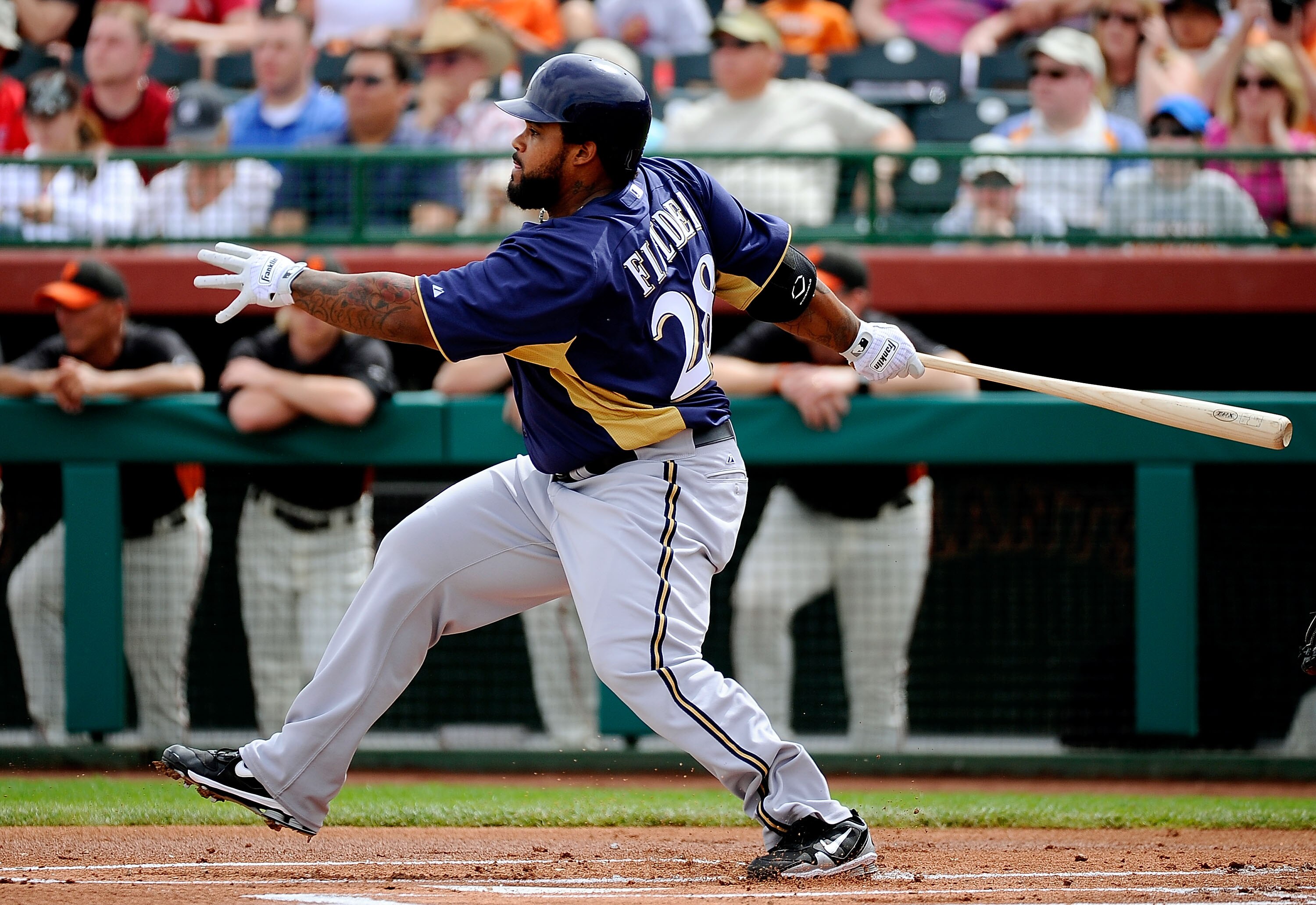 SCOTTSDALE, AZ - MARCH 14:  Prince Fielder#28 of the Milwaukee Brewers at bat against the San Francisco Giants during the spring training baseball game at Scottsdale Stadium on March 14, 2011 in Scottsdale, Arizona.  (Photo by Kevork Djansezian/Getty Imag