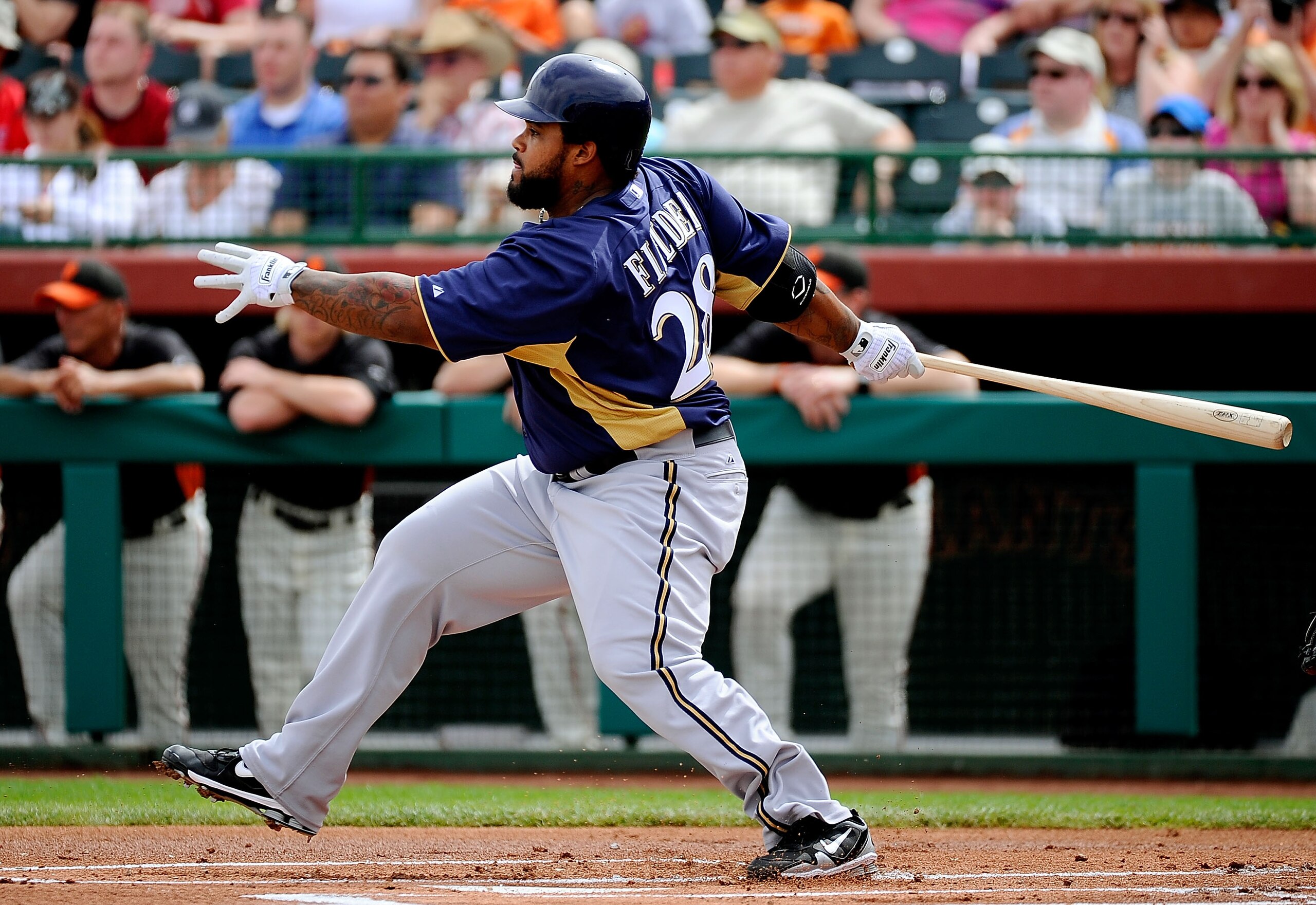SCOTTSDALE, AZ - MARCH 14:  Prince Fielder#28 of the Milwaukee Brewers at bat against the San Francisco Giants during the spring training baseball game at Scottsdale Stadium on March 14, 2011 in Scottsdale, Arizona.  (Photo by Kevork Djansezian/Getty Imag