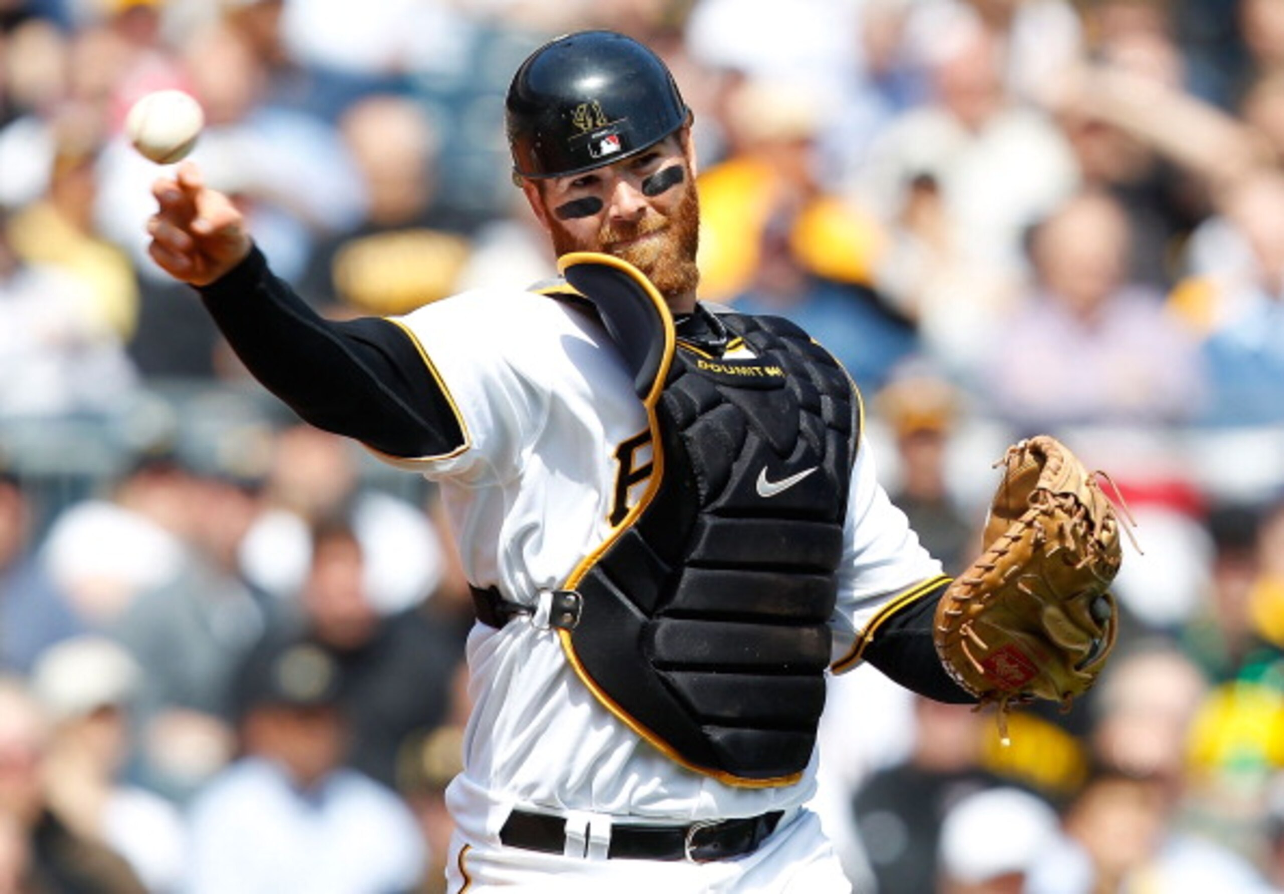 PITTSBURGH - APRIL 07:  Ryan Doumit #41 of the Pittsburgh Pirates throws to first base during the Opening Day game against  the Colorado Rockies on April 7, 2011 at PNC Park in Pittsburgh, Pennsylvania.  (Photo by Jared Wickerham/Getty Images)