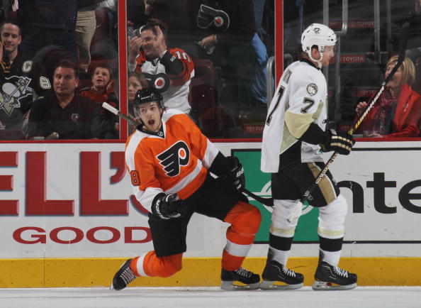 PHILADELPHIA - OCTOBER 16: Danny Briere #48 of the Philadelphia Flyers scores a power play goal at 6:43 of the first period against the Pittsburgh Penguins at the Wells Fargo Center on October 16, 2010 in Philadelphia, Pennsylvania.  (Photo by Bruce Benne