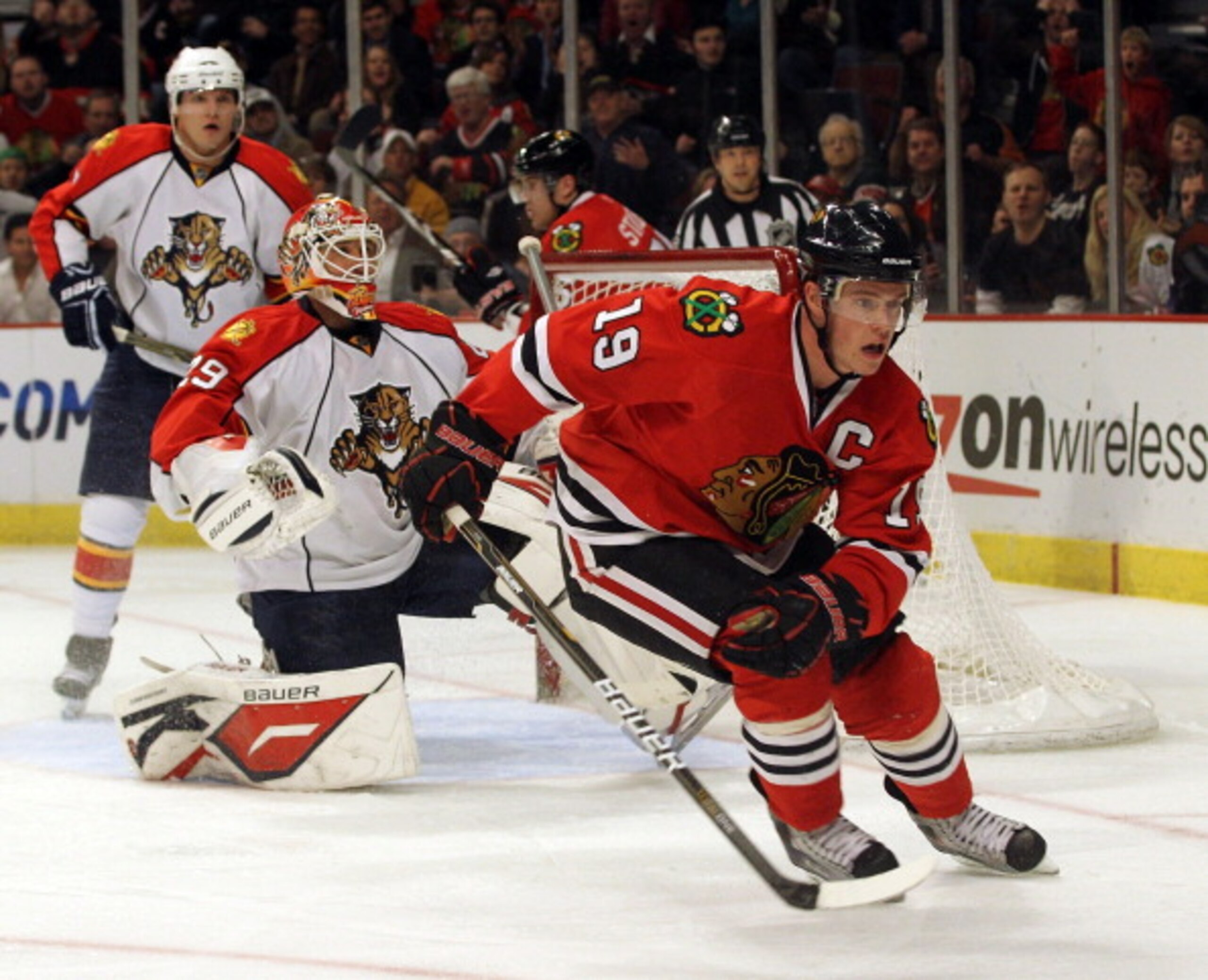 CHICAGO, IL - MARCH 23: Jonathan Toews #19 of the Chicago Blackhawks skates against the Florida Panthers at the United Center on March 23, 2011 in Chicago, Illinois. The Blackhawks defeated the Panthers 4-0. (Photo by Bruce Bennett/Getty Images) CHICAGO, IL - MARCH 23: Jonathan Toews #19 of the Chicago Blackhawks skates against the Florida Panthers at the United Center on March 23, 2011 in Chicago, Illinois. The Blackhawks defeated the Panthers 4-0. (Photo by Bruce Bennett/Getty Images)