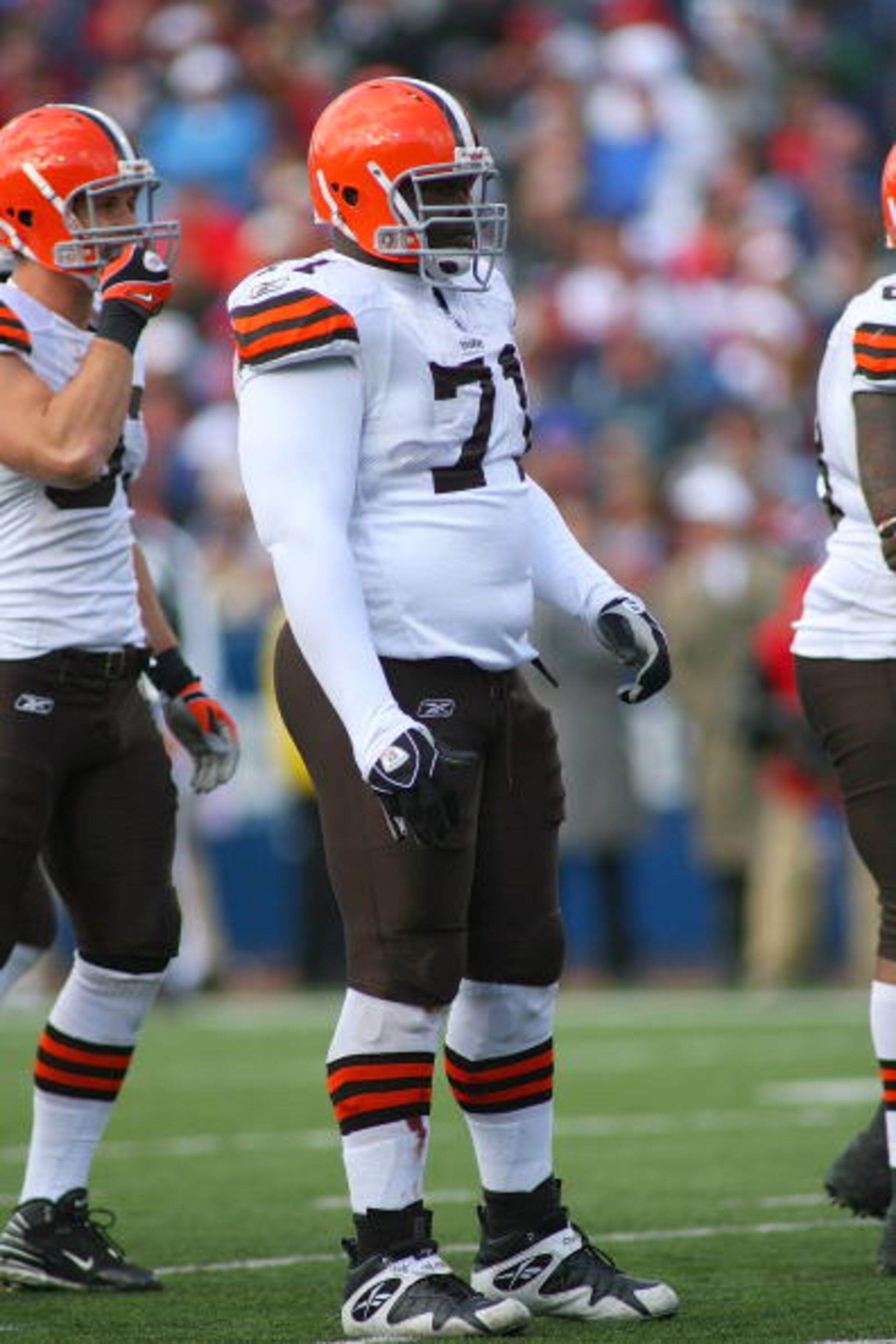 ORCHARD PARK, NY - OCTOBER 11:  Ahtyba Rubin #71 of the Cleveland Browns looks on during a break in NFL game action against the Buffalo Bills at Ralph Wilson Stadium on October 11, 2009 in Orchard Park, New York. The Browns defeated the Bills 6-3. (Photo