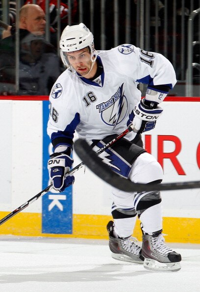 NEWARK, NJ - MARCH 02:  Teddy Purcell #16 of the Tampa Bay Lightning skates during an NHL hockey game against the New Jersey Devils at the Prudential Center on March 2, 2011 in Newark, New Jersey.  (Photo by Paul Bereswill/Getty Images)