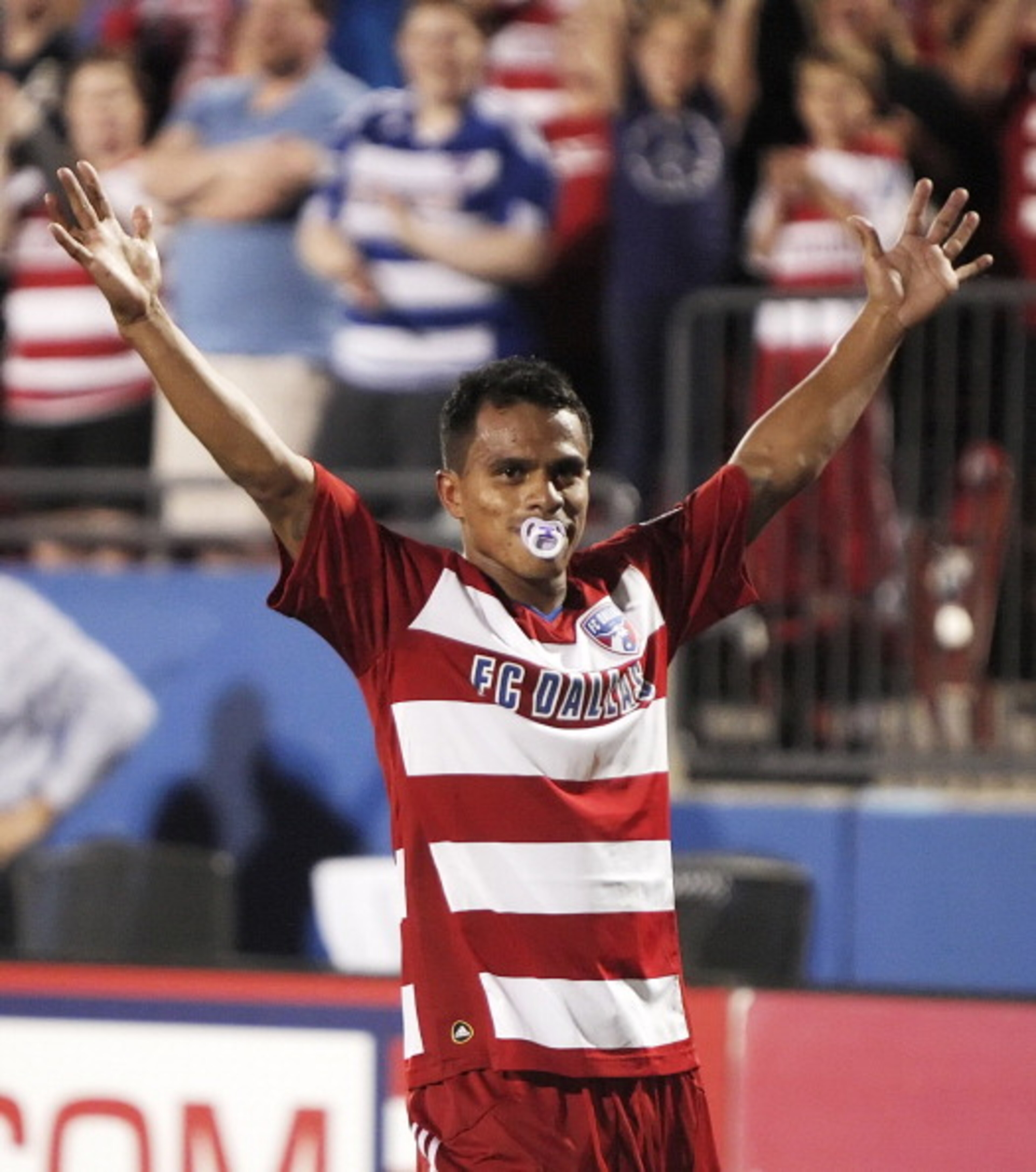 FRISCO, TX - APRIL 8: David Ferreira #10 of FC Dallas celebrates scoring a goal against the Colorado Rapids while sucking on a pacifier during the first half of a soccer game at Pizza Hut Park on April 8, 2011 in Frisco, Texas. (Photo by Brandon Wade/Gett FRISCO, TX - APRIL 8: David Ferreira #10 of FC Dallas celebrates scoring a goal against the Colorado Rapids while sucking on a pacifier during the first half of a soccer game at Pizza Hut Park on April 8, 2011 in Frisco, Texas. (Photo by Brandon Wade/Gett