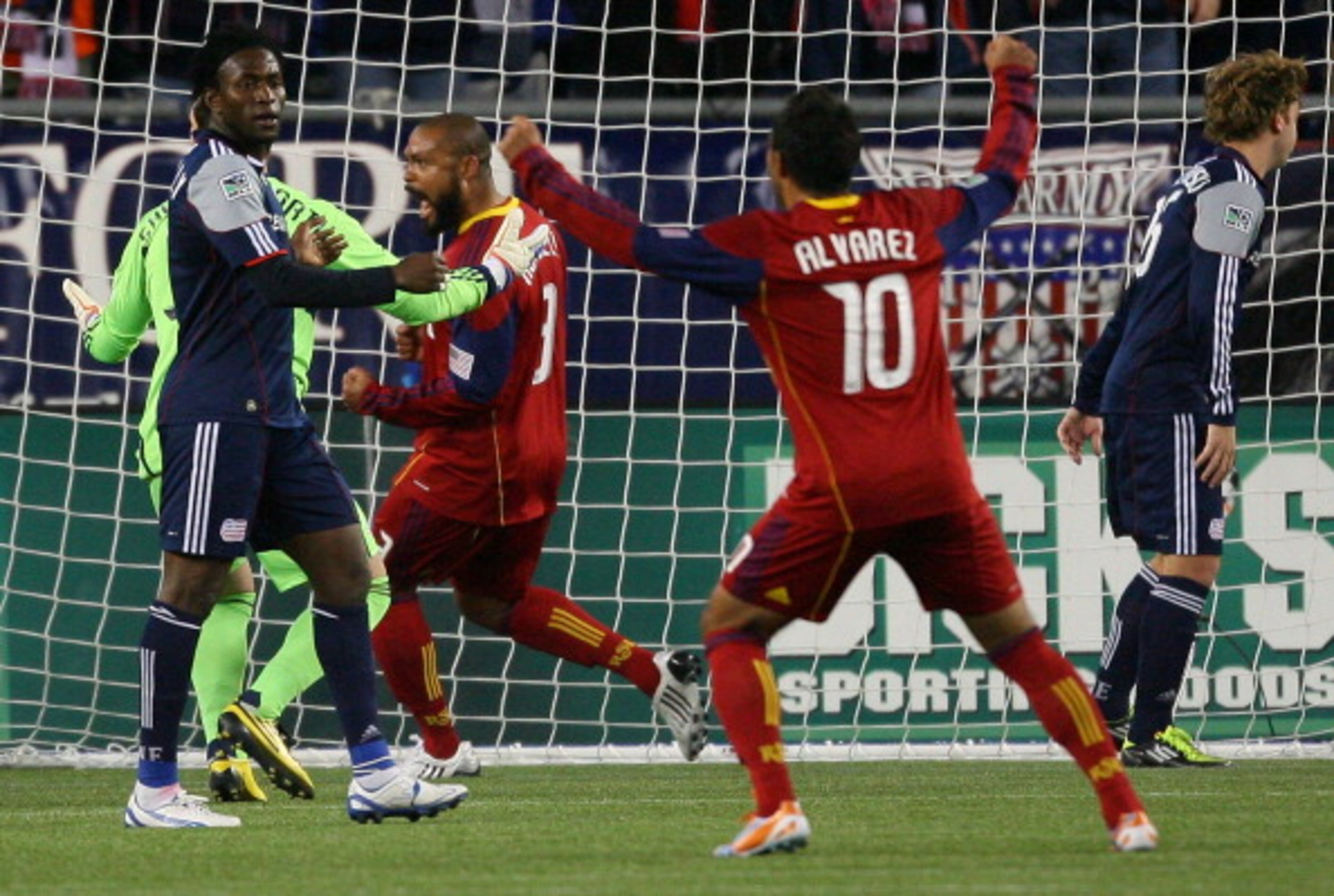 FOXBORO, MA - APRIL 9: Robbie Russell #3 and Arturo Alvarez #10 of Real Salt Lake celebrate a goal against the New England Revolution at Gillette Stadium April 9, 2011 in Foxboro, Massachusetts. (Photo by Gail Oskin/Getty Images) FOXBORO, MA - APRIL 9: Robbie Russell #3 and Arturo Alvarez #10 of Real Salt Lake celebrate a goal against the New England Revolution at Gillette Stadium April 9, 2011 in Foxboro, Massachusetts. (Photo by Gail Oskin/Getty Images)