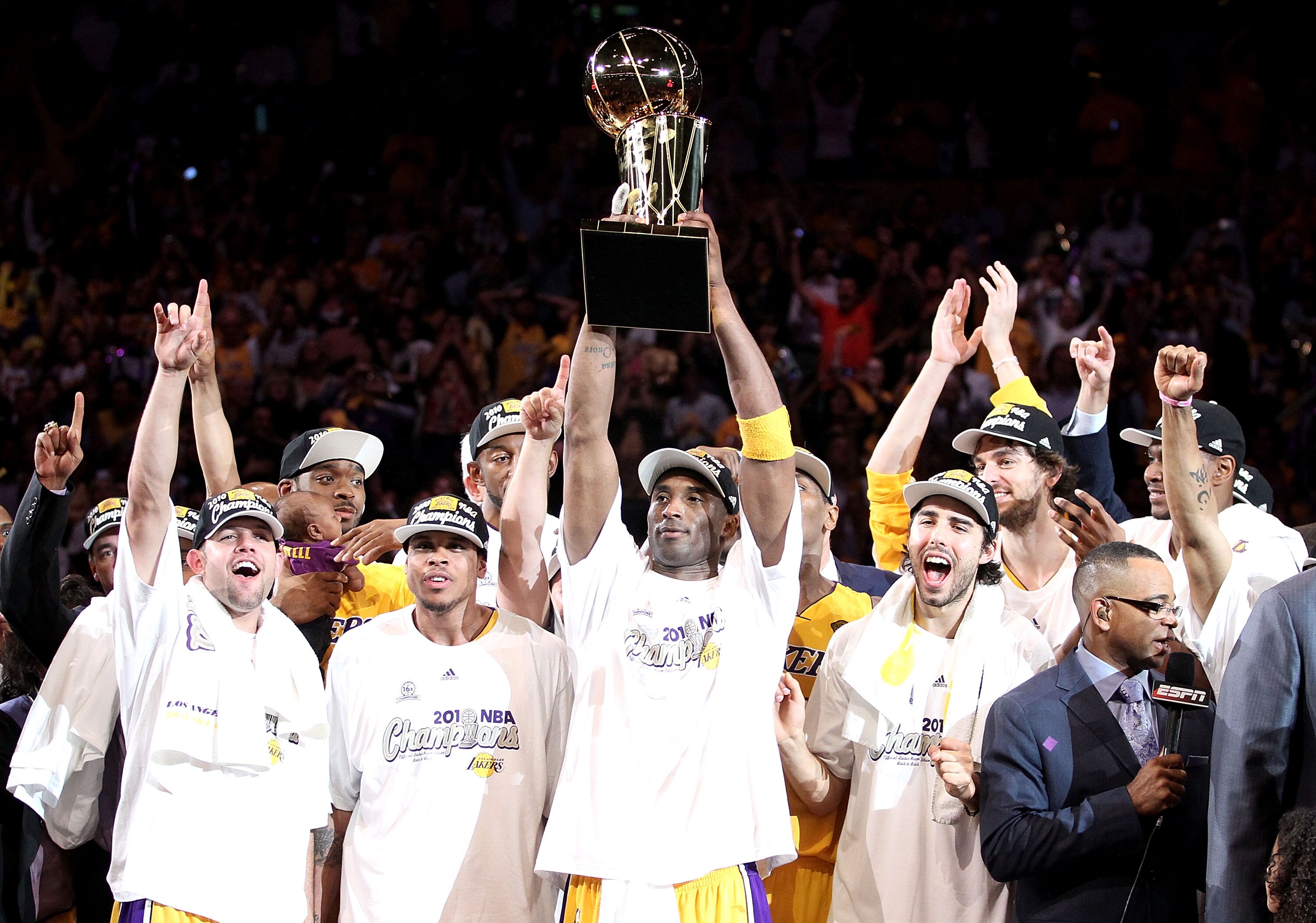 LOS ANGELES, CA - JUNE 17:  Kobe Bryant #24 of the Los Angeles Lakers holds up the Larry O'Brien trophy after the Lakers defeated the Boston Celtics in Game Seven of the 2010 NBA Finals at Staples Center on June 17, 2010 in Los Angeles, California.  NOTE