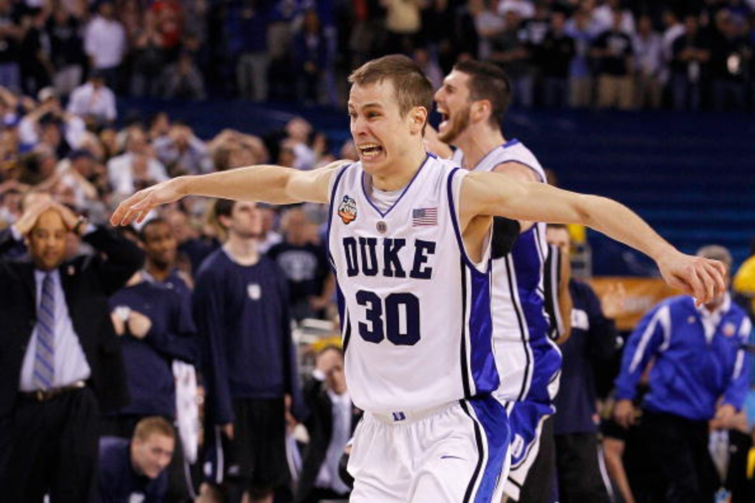 INDIANAPOLIS - APRIL 05:  Jon Scheyer #30 of the Duke Blue Devils celebrates after they won 61-59 against the Butler Bulldogs during the 2010 NCAA Division I Men's Basketball National Championship game at Lucas Oil Stadium on April 5, 2010 in Indianapolis