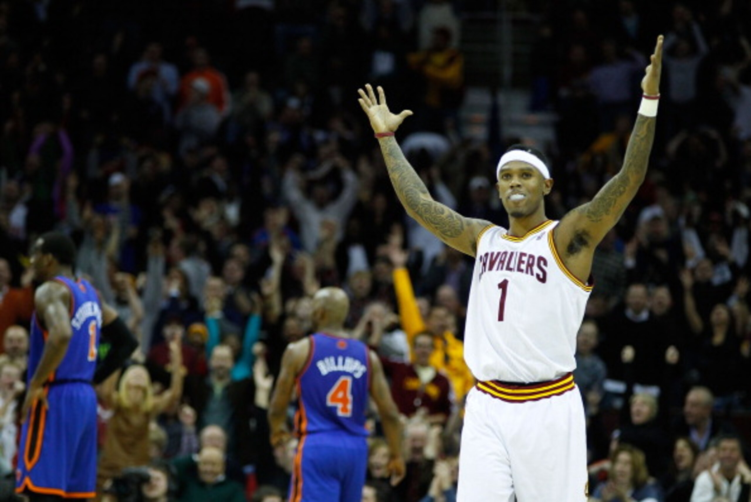 CLEVELAND - FEBRUARY 25:  Daniel Gibson #1 of the Cleveland Cavaliers celebrates after scoring a three point shot during the game against the New York Knicks on February 25, 2011 at Quicken Loans Arena in Cleveland, Ohio. NOTE TO USER: User expressly ackn
