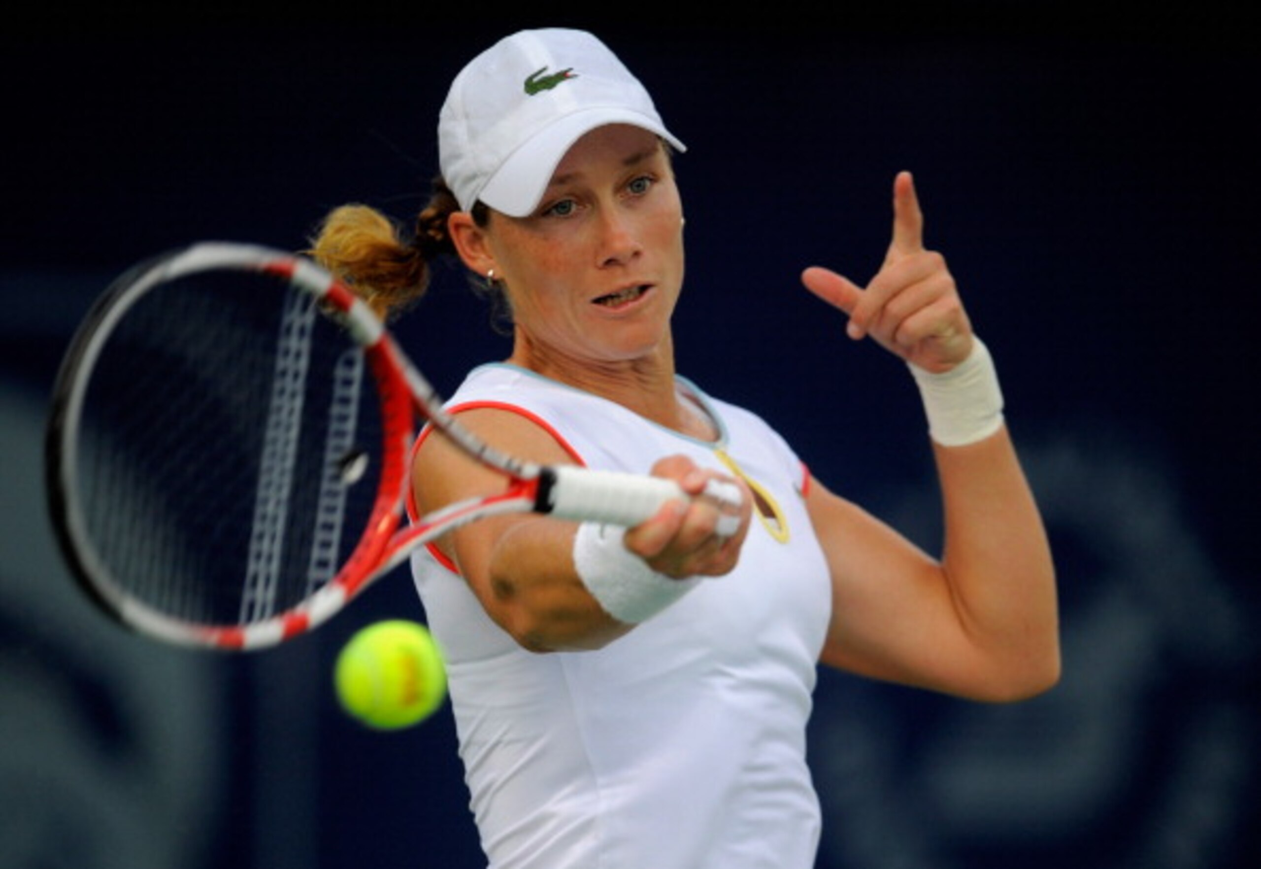 DUBAI, UNITED ARAB EMIRATES - FEBRUARY 18:  Samantha Stosur of Australia plays a shot during her quarter-final match against Jelena Jankovic of Serbia during day five of the Dubai Duty Free Tennis Championships at the Dubai Tennis Stadium on February 18, 