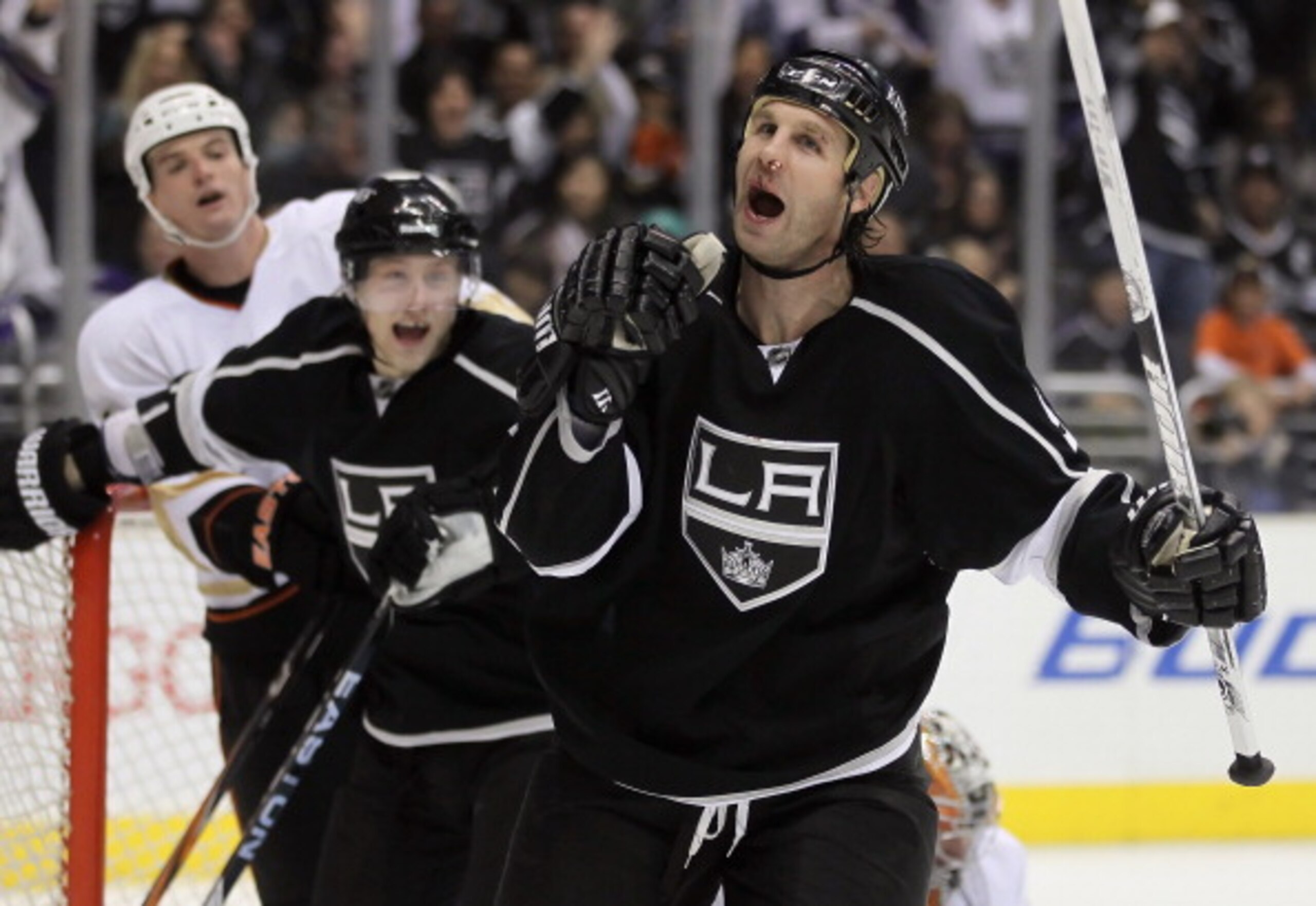 LOS ANGELES, CA - APRIL 09:  Ryan Smyth #94 of the Los Angeles Kings celebrates a goal against the Anaheim Ducks in the second period at Staples Center on April 9, 2011 in Los Angeles, California.  (Photo by Jeff Gross/Getty Images)