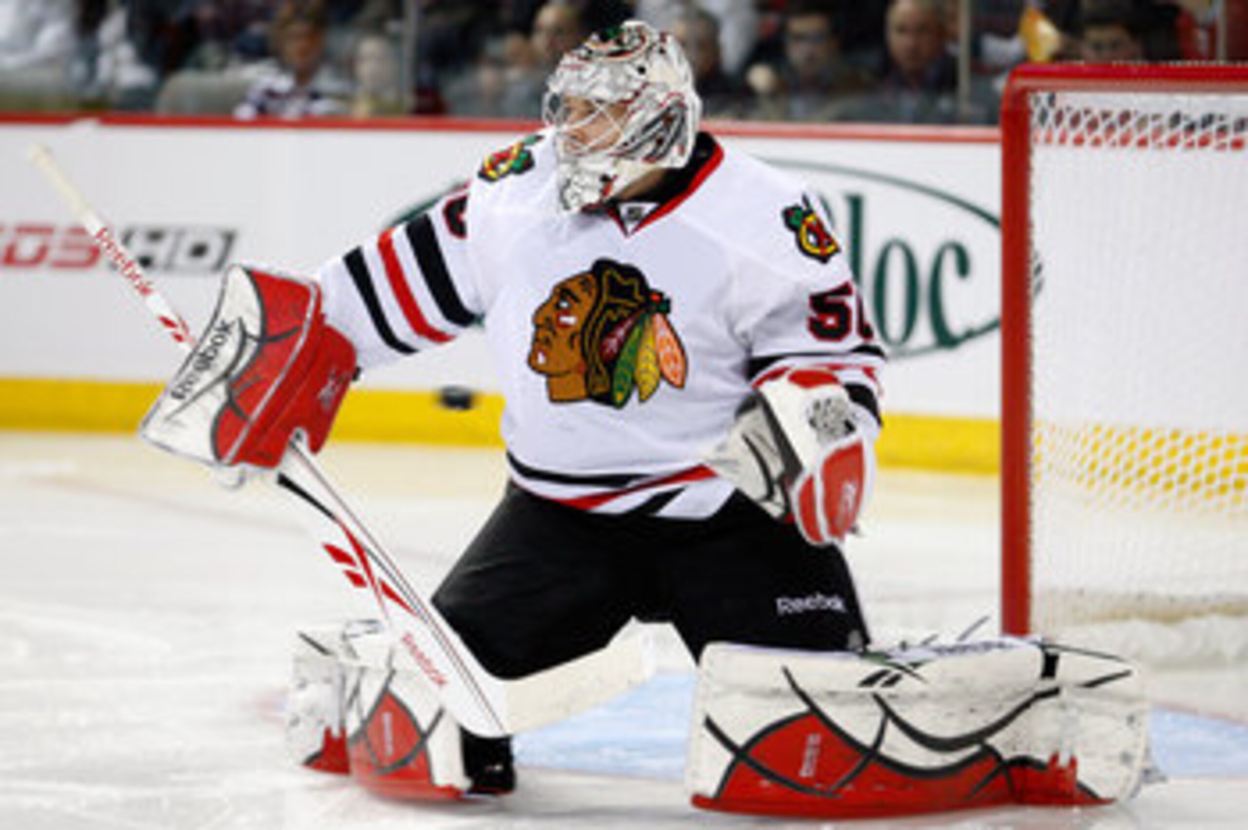 MONTREAL, CANADA - APRIL 5:  The puck goes wide past Corey Crawford #50 of the Chicago Blackhawks during the NHL game against the Montreal Canadiens at the Bell Centre on April 5, 2011 in Montreal, Quebec, Canada.  (Photo by Richard Wolowicz/Getty Images)