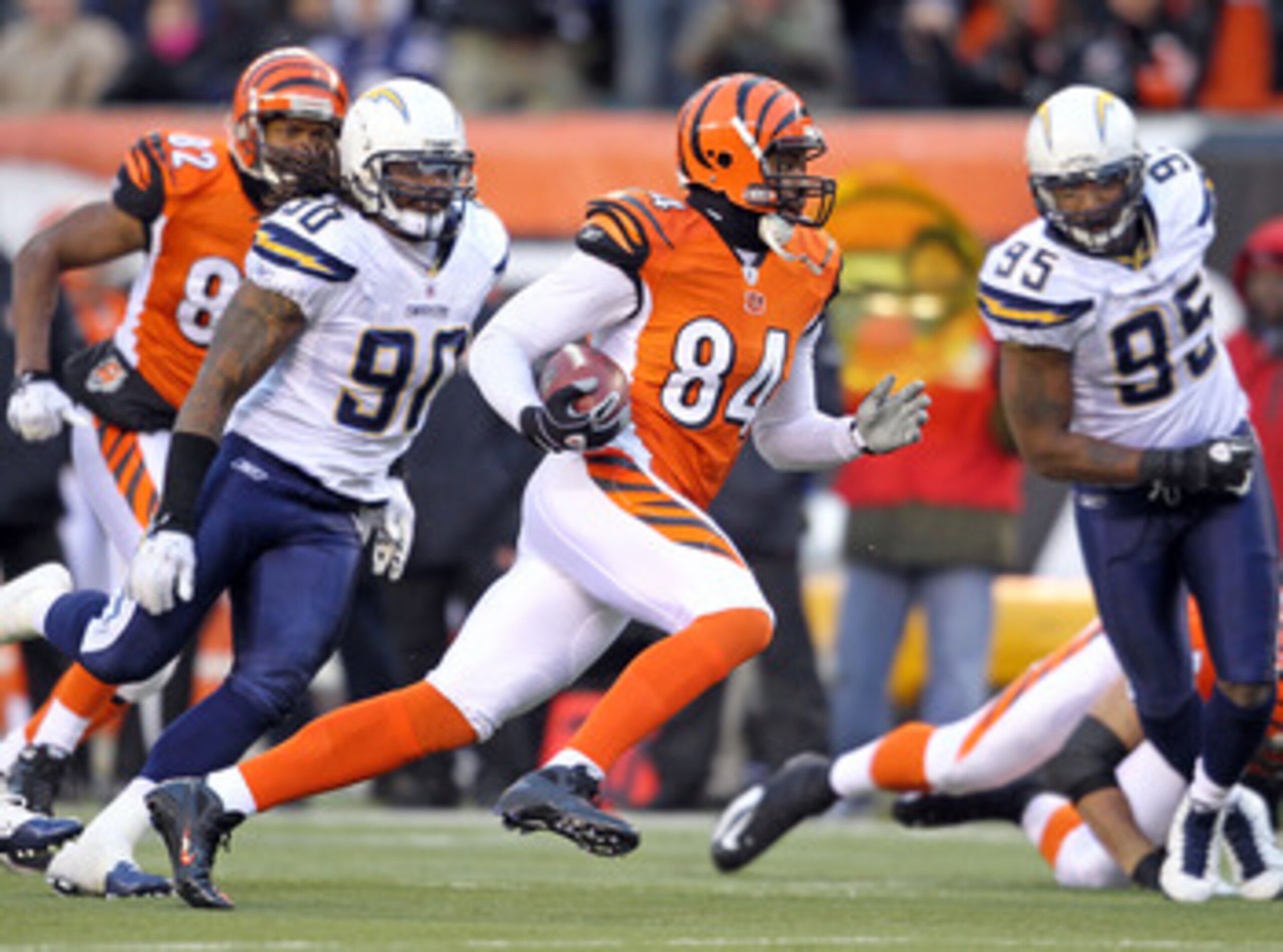 CINCINNATI - DECEMBER 26:  Jermaine Gresham #84 of the Cincinnati Bengals runs with the ball during the NFL game against the San Diego Chargers at Paul Brown Stadium on December 26, 2010 in Cincinnati, Ohio. The Bengals 34-20.  (Photo by Andy Lyons/Getty