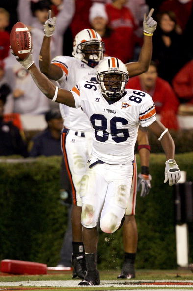 ATHENS, GA - NOVEMBER 12:  Courtney Taylor #86 of the Auburn Tigers celebrates after recovering a fumble for a touchdown against the Georgia Bulldogs during their game on November 12, 2005 at Sanford Stadium in Athens, Georgia.  (Photo By Streeter Lecka)