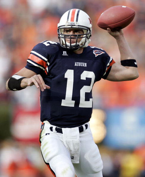 AUBURN, AL - NOVEMBER 19:  Quarterback Brandon Cox #12 of Auburn University throws a pass against the University of Alabama  on November 19, 2005 at Jordan-Hare Stadium in Auburn, Alabama.   (Photo by Chris Graythen/Getty Images)