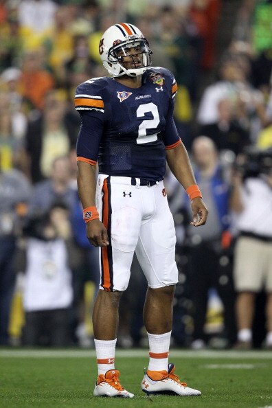 GLENDALE, AZ - JANUARY 10:  Cameron Newton #2 of the Auburn Tigers reacts during their game against the Oregon Ducks during the Tostitos BCS National Championship Game at University of Phoenix Stadium on January 10, 2011 in Glendale, Arizona.  (Photo by C