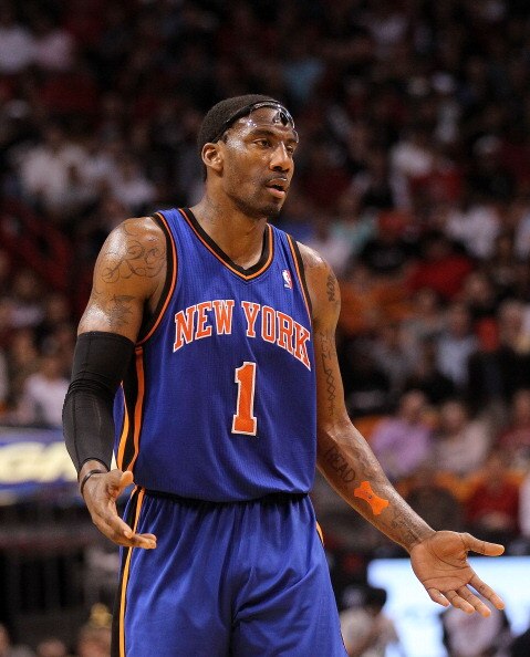 MIAMI, FL - FEBRUARY 27:  Amar'e Stoudemire #1 of the New York Knicks argues a call during a game against the the Miami Heat at American Airlines Arena on February 27, 2011 in Miami, Florida. NOTE TO USER: User expressly acknowledges and agrees that, by d