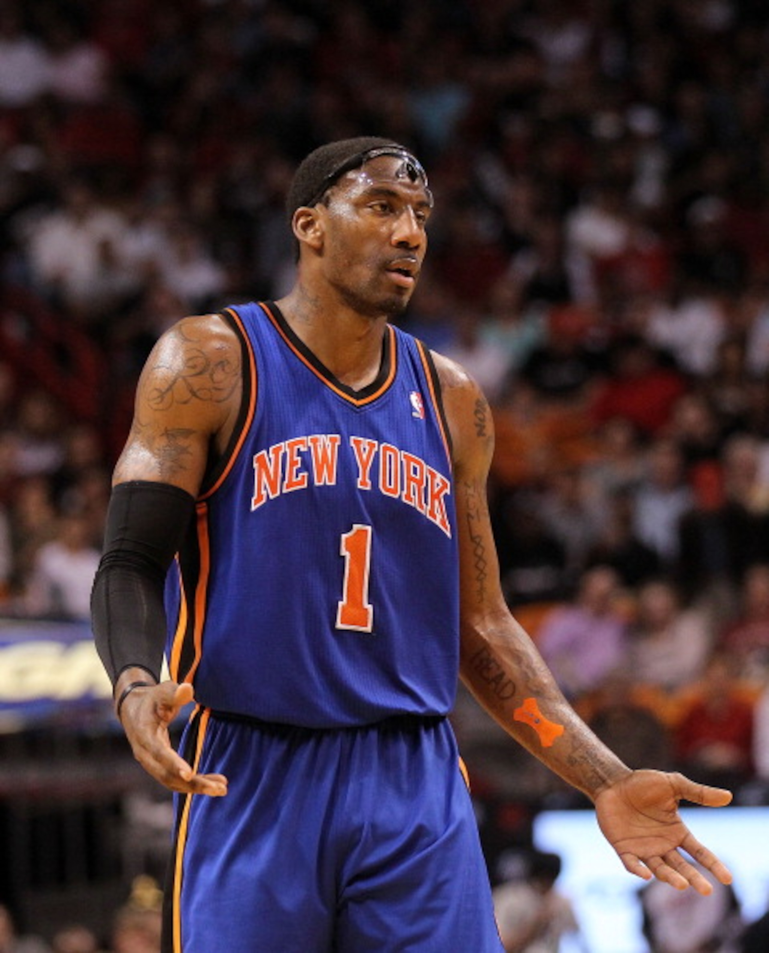 MIAMI, FL - FEBRUARY 27:  Amar'e Stoudemire #1 of the New York Knicks argues a call during a game against the the Miami Heat at American Airlines Arena on February 27, 2011 in Miami, Florida. NOTE TO USER: User expressly acknowledges and agrees that, by d