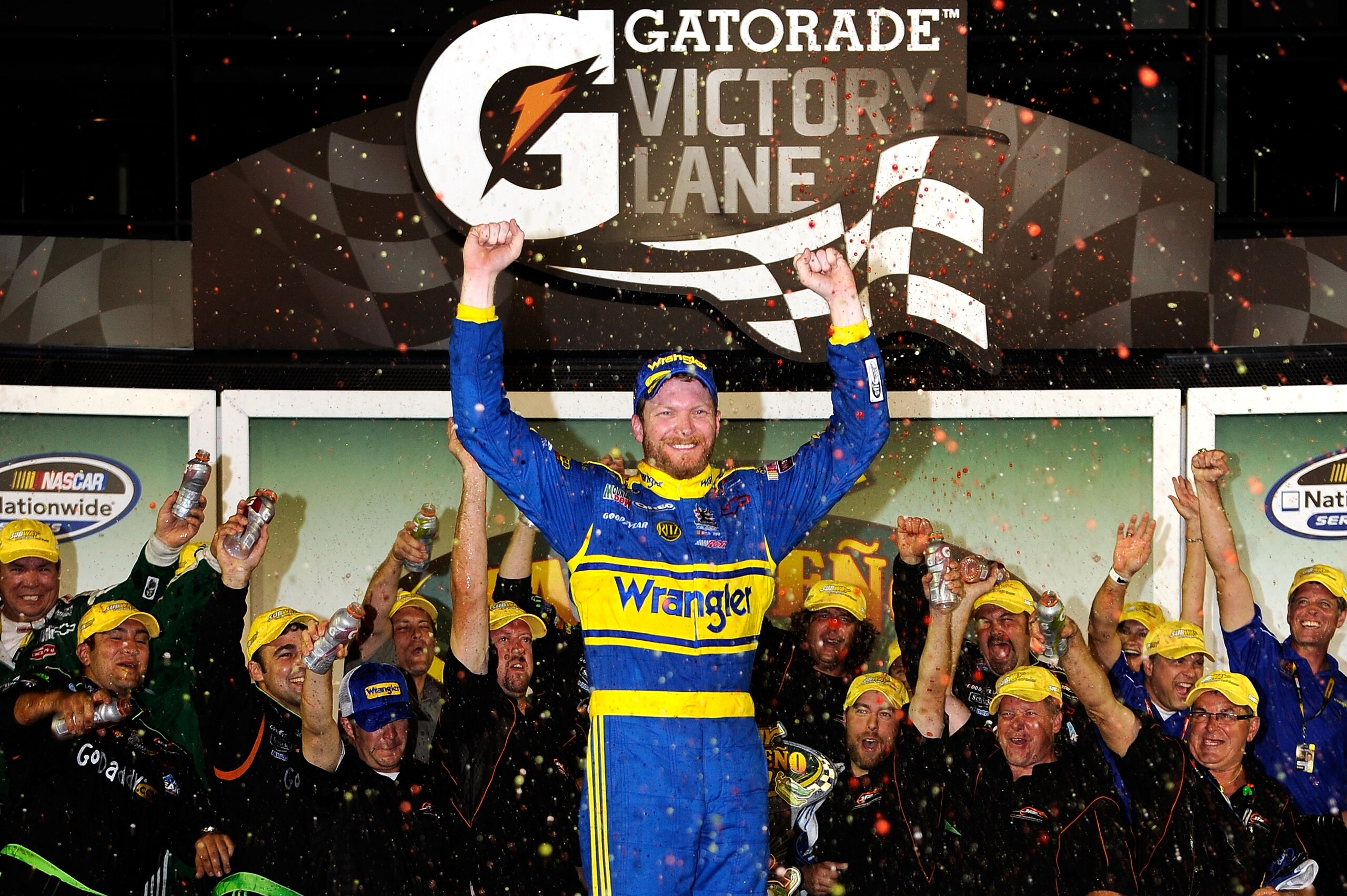 DAYTONA BEACH, FL - JULY 02: Dale Earnhardt Jr., driver of the #3 Wrangler Chevrolet, celebrates in victory lane after winning the NASCAR Nationwide Series Subway Jalapeno 250 at Daytona International Speedway on July 2, 2010 in Daytona Beach, Florida. DAYTONA BEACH, FL - JULY 02: Dale Earnhardt Jr., driver of the #3 Wrangler Chevrolet, celebrates in victory lane after winning the NASCAR Nationwide Series Subway Jalapeno 250 at Daytona International Speedway on July 2, 2010 in Daytona Beach, Florida.